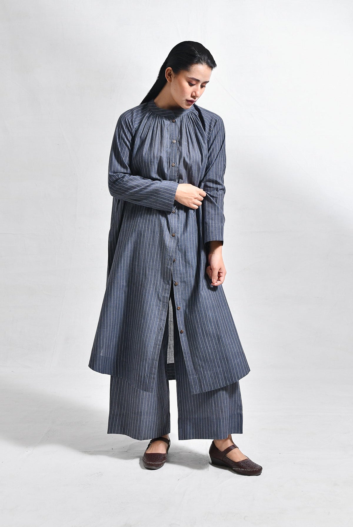 Khadi Stripes Neck - Gather Co - Ord (Set of 2) - Charcoal - CiceroniKurta Set, Everyday WearHiranya