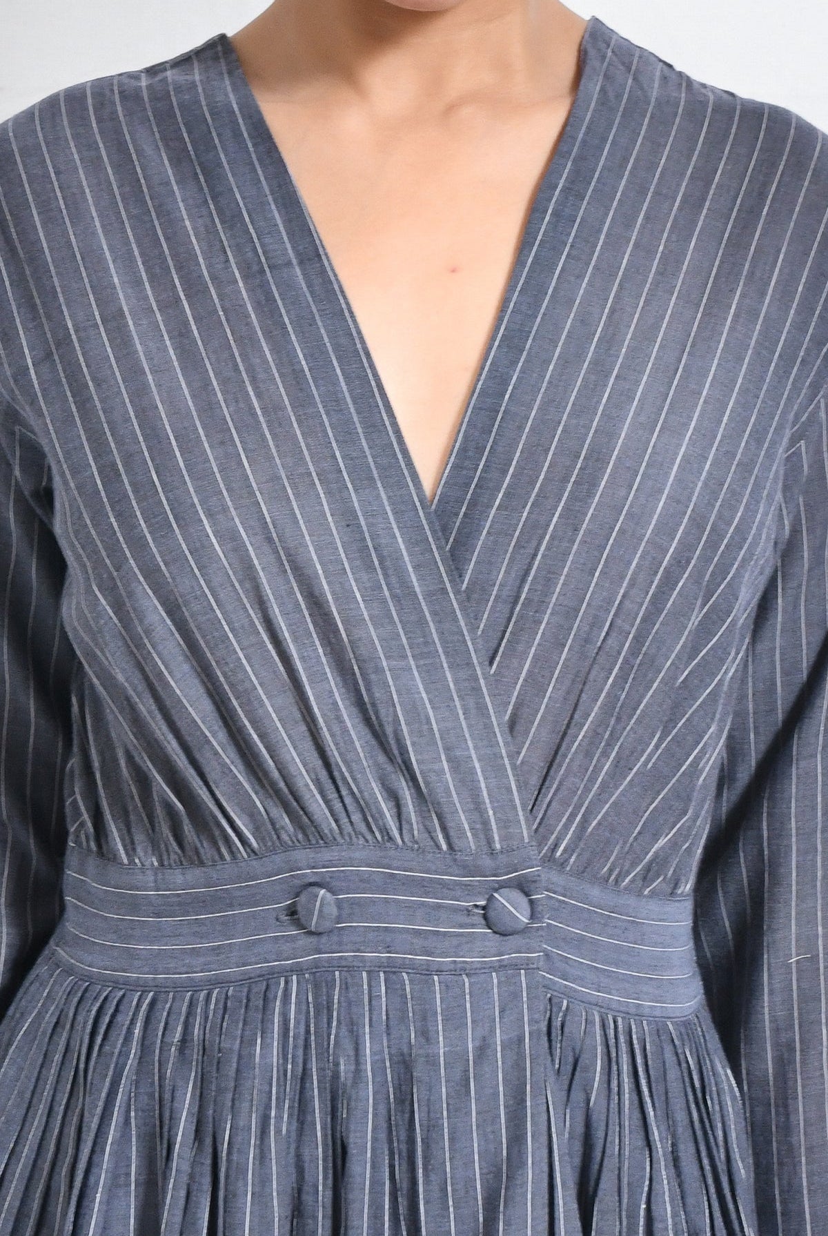 Khadi Stripes Wrap Dress - Charcoal - CiceroniDressesHiranya