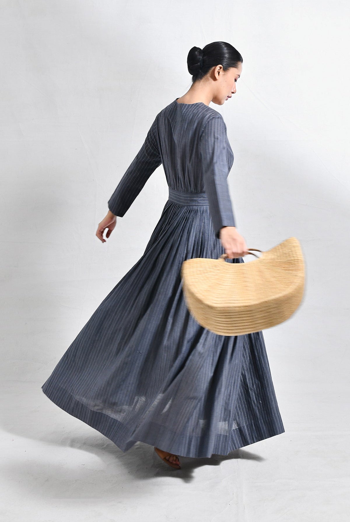 Khadi Stripes Wrap Dress - Charcoal - CiceroniDressesHiranya
