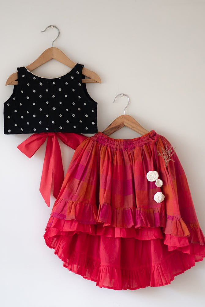 Laddoo Cotton Black Bandhani Top With Checkered Lehenga Set - CiceroniLehenga SetLove The World Today