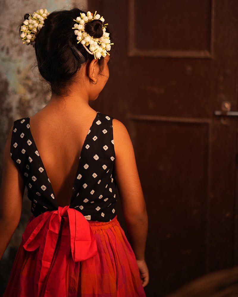 Laddoo Cotton Black Bandhani Top With Checkered Lehenga Set - CiceroniLehenga SetLove The World Today