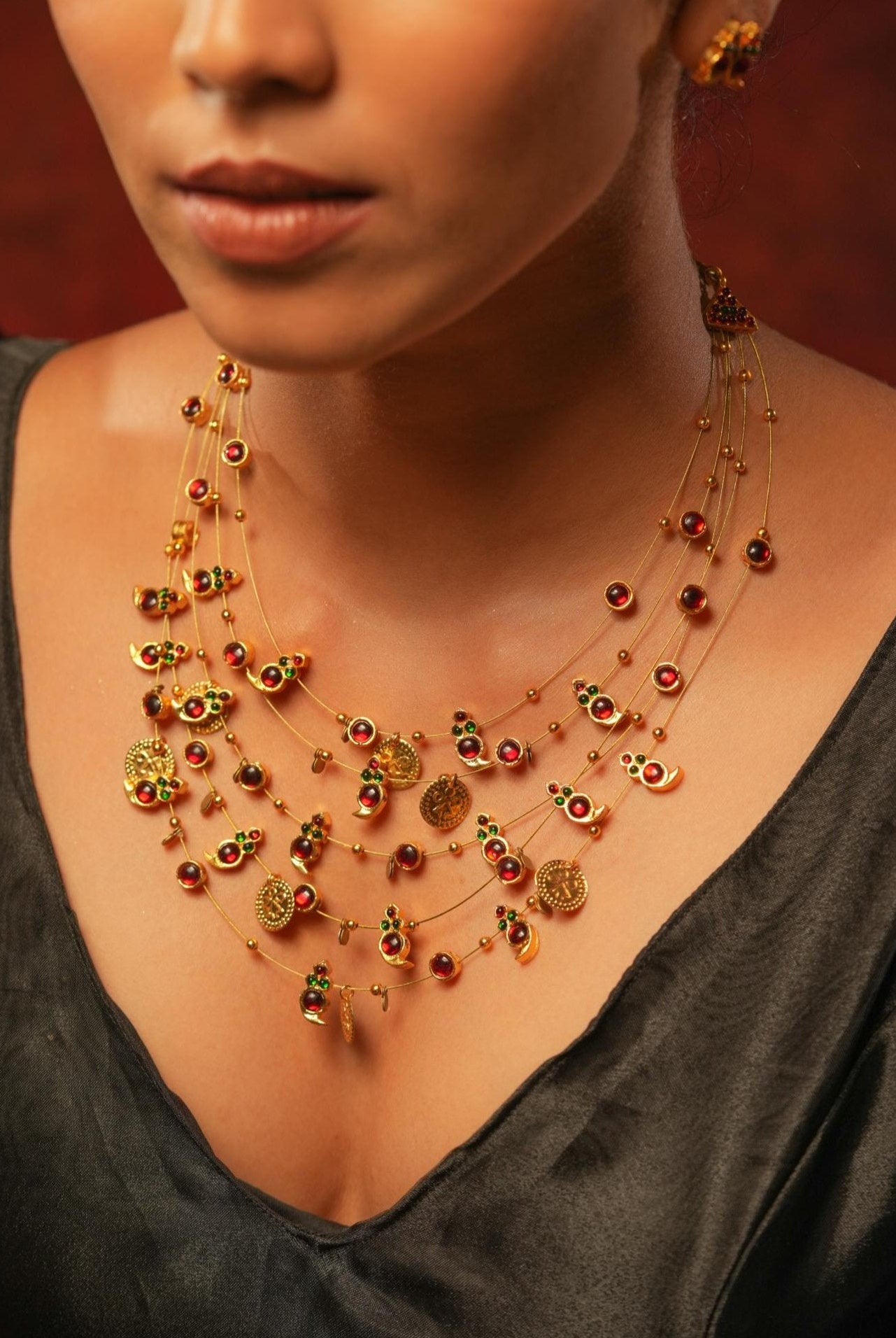 Layered Temple Manga Motif Chain Red - CiceroniNecklaceAarika