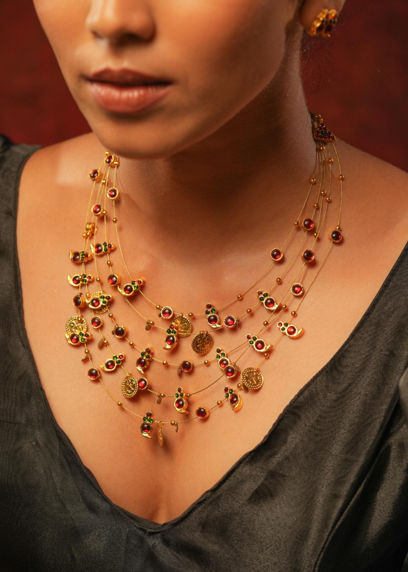 Layered Temple Manga Motif Chain Red - CiceroniNecklaceAarika