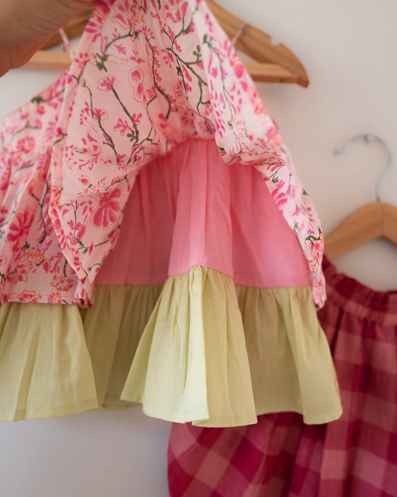 Leela Cotton Pink Floral Flared Top With Pink Checkered Pants Coord Set - CiceroniCo - ord SetLove The World Today