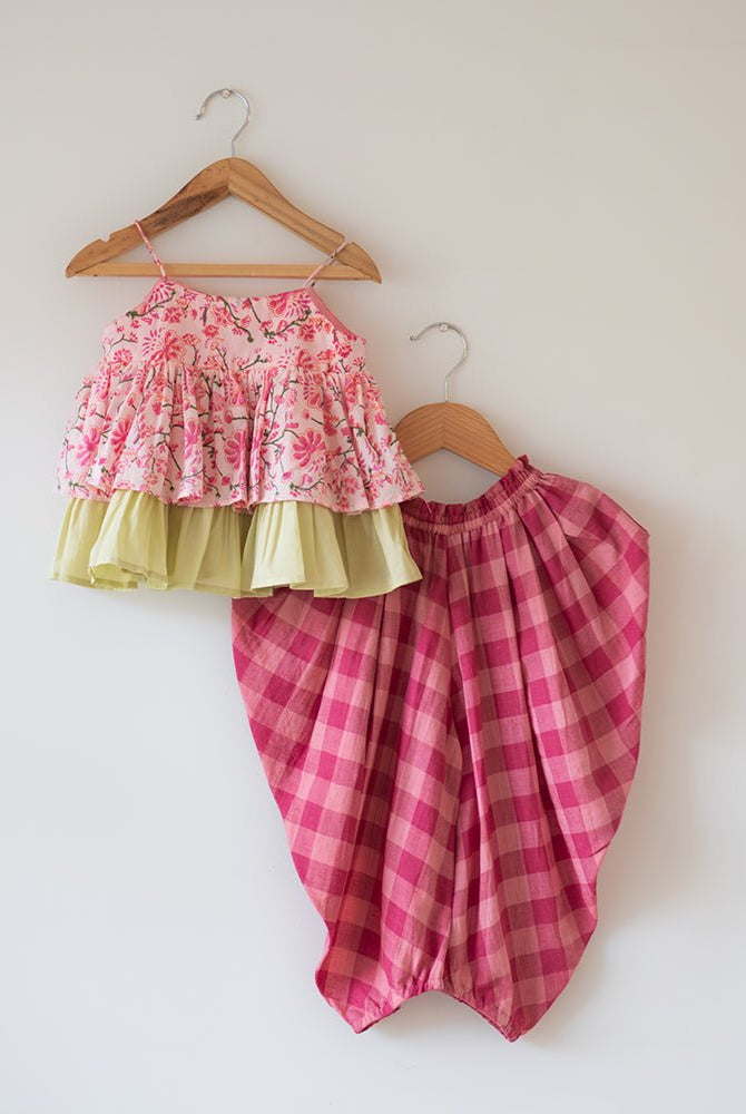 Leela Cotton Pink Floral Flared Top With Pink Checkered Pants Coord Set - CiceroniCo - ord SetLove The World Today