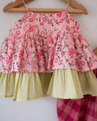 Leela Cotton Pink Floral Flared Top With Pink Checkered Pants Coord Set - CiceroniCo - ord SetLove The World Today