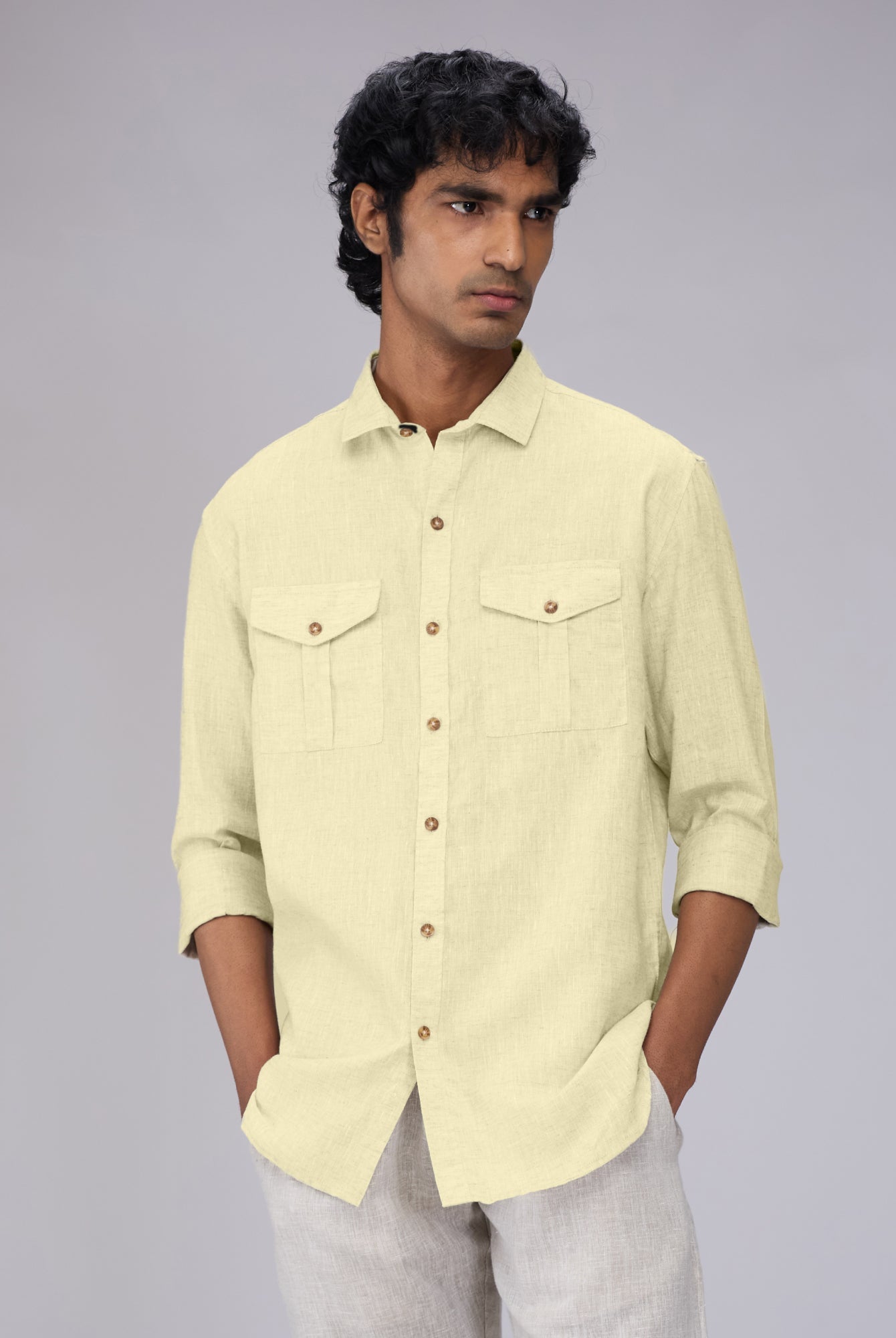 Lemon Yellow 100% Linen Safari Shirt - CiceroniMen Shirtsbhrāta