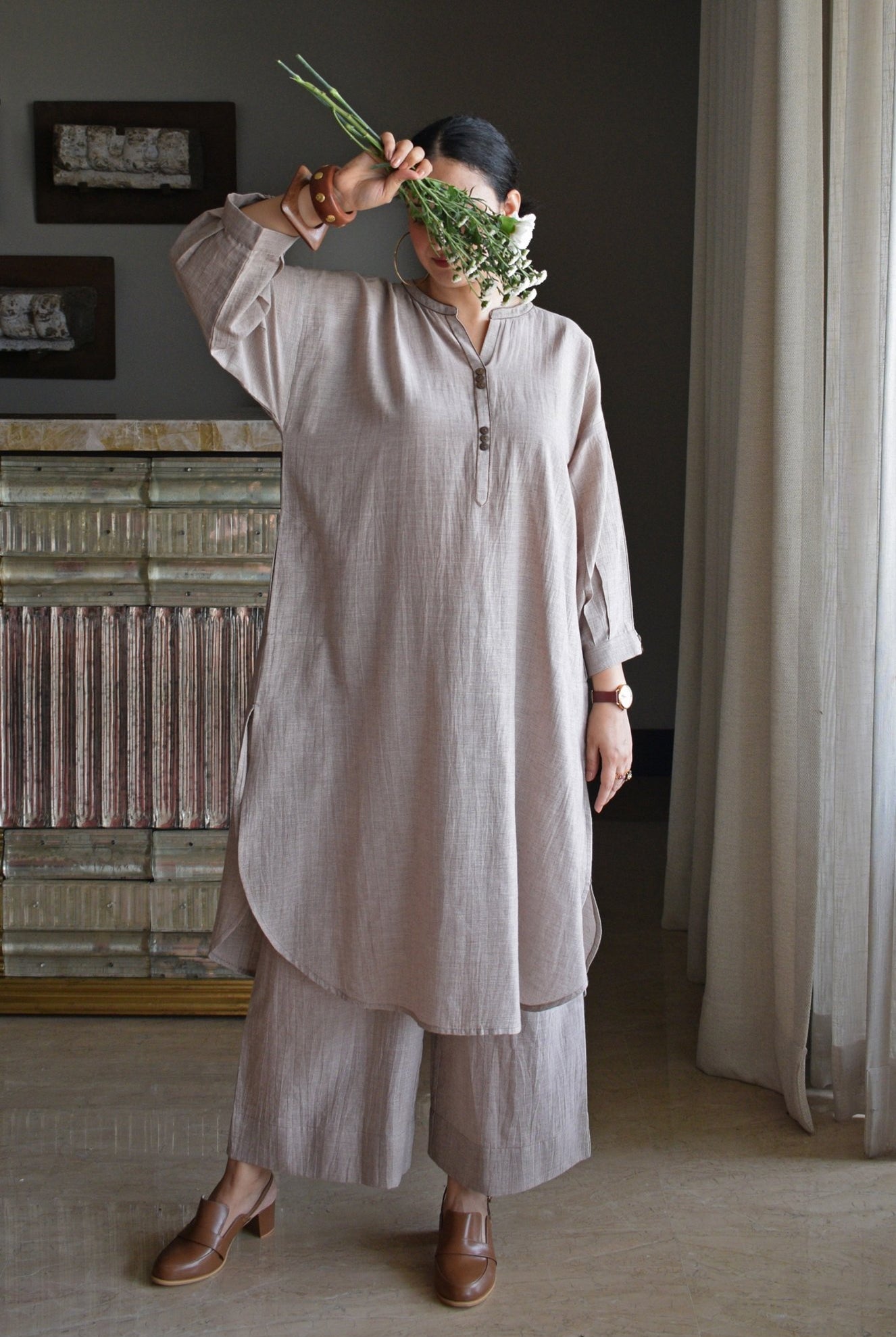 Light Brown Checks Antifit Co - ord Set in Handwoven Cotton - CiceroniKurta Set, Everyday WearHouse of Moxa