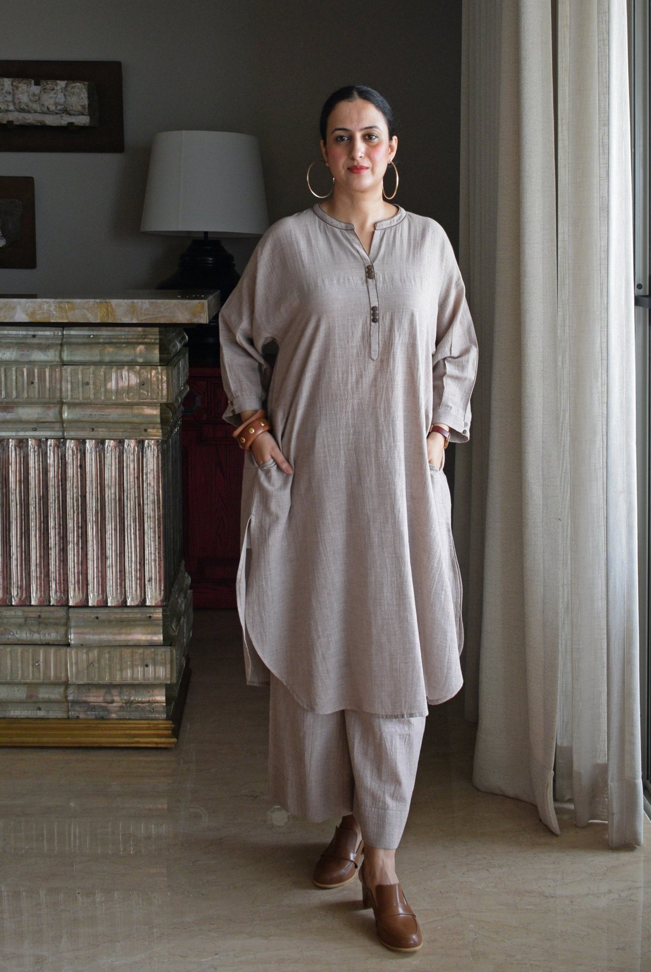 Light Brown Checks Antifit Co - ord Set in Handwoven Cotton - CiceroniKurta Set, Everyday WearHouse of Moxa