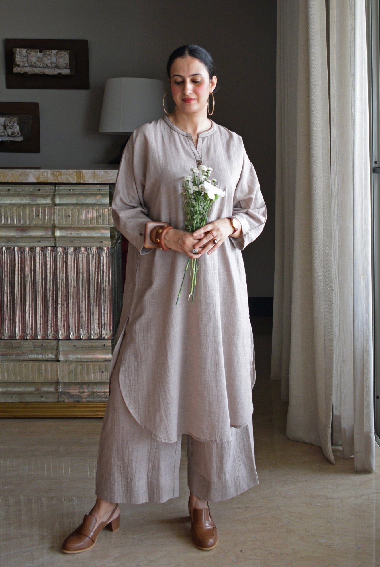 Light Brown Checks Antifit Co - ord Set in Handwoven Cotton - CiceroniKurta Set, Everyday WearHouse of Moxa