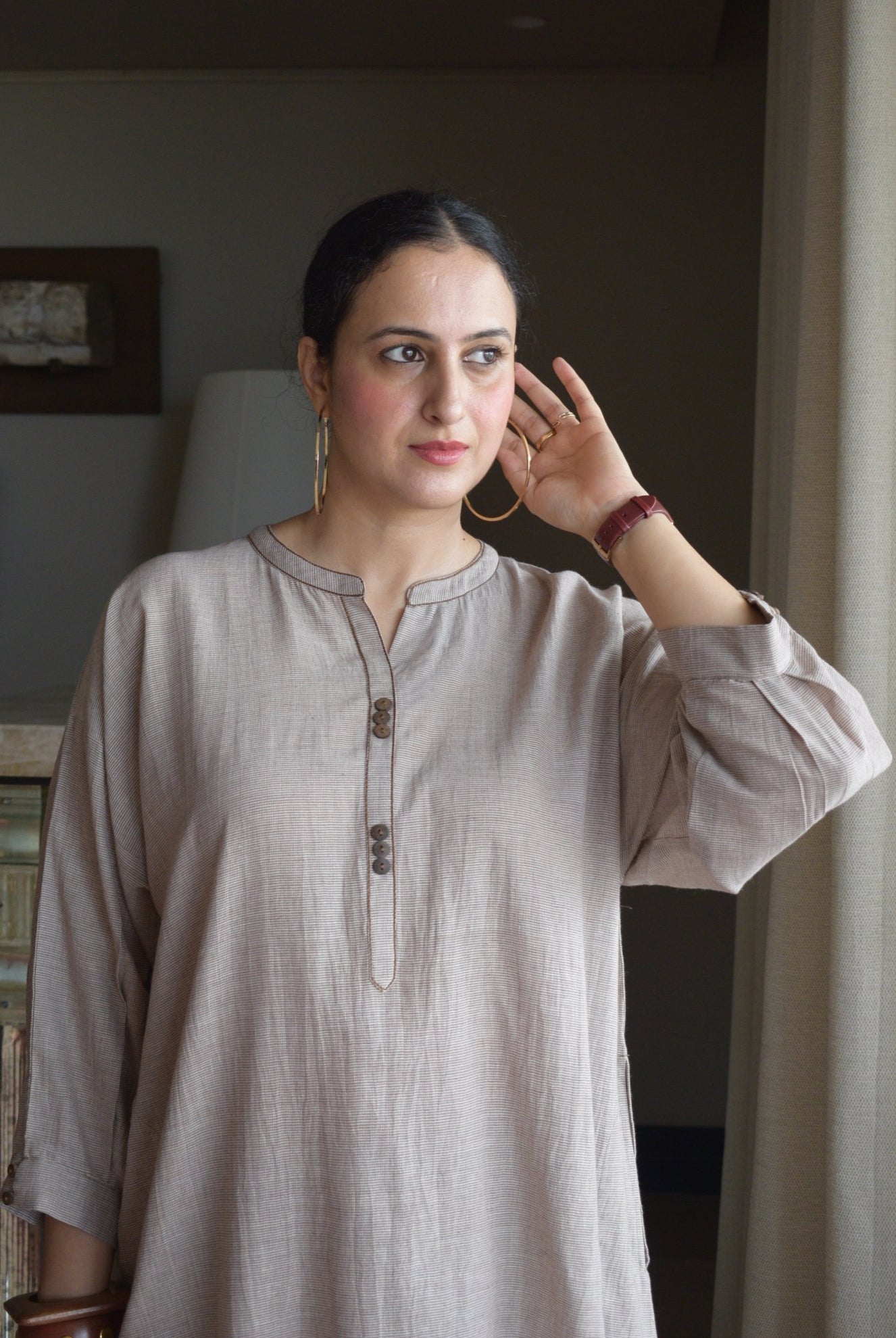 Light Brown Checks Antifit Co - ord Set in Handwoven Cotton - CiceroniKurta Set, Everyday WearHouse of Moxa