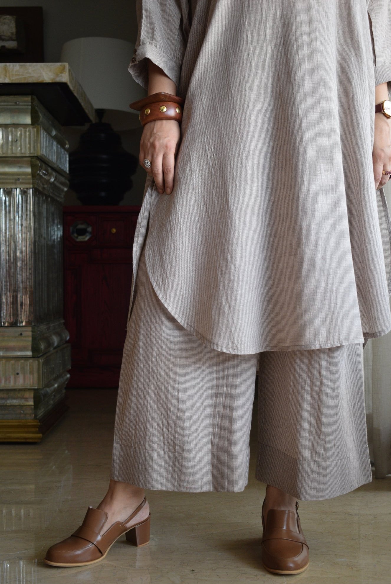 Light Brown Checks Antifit Co - ord Set in Handwoven Cotton - CiceroniKurta Set, Everyday WearHouse of Moxa