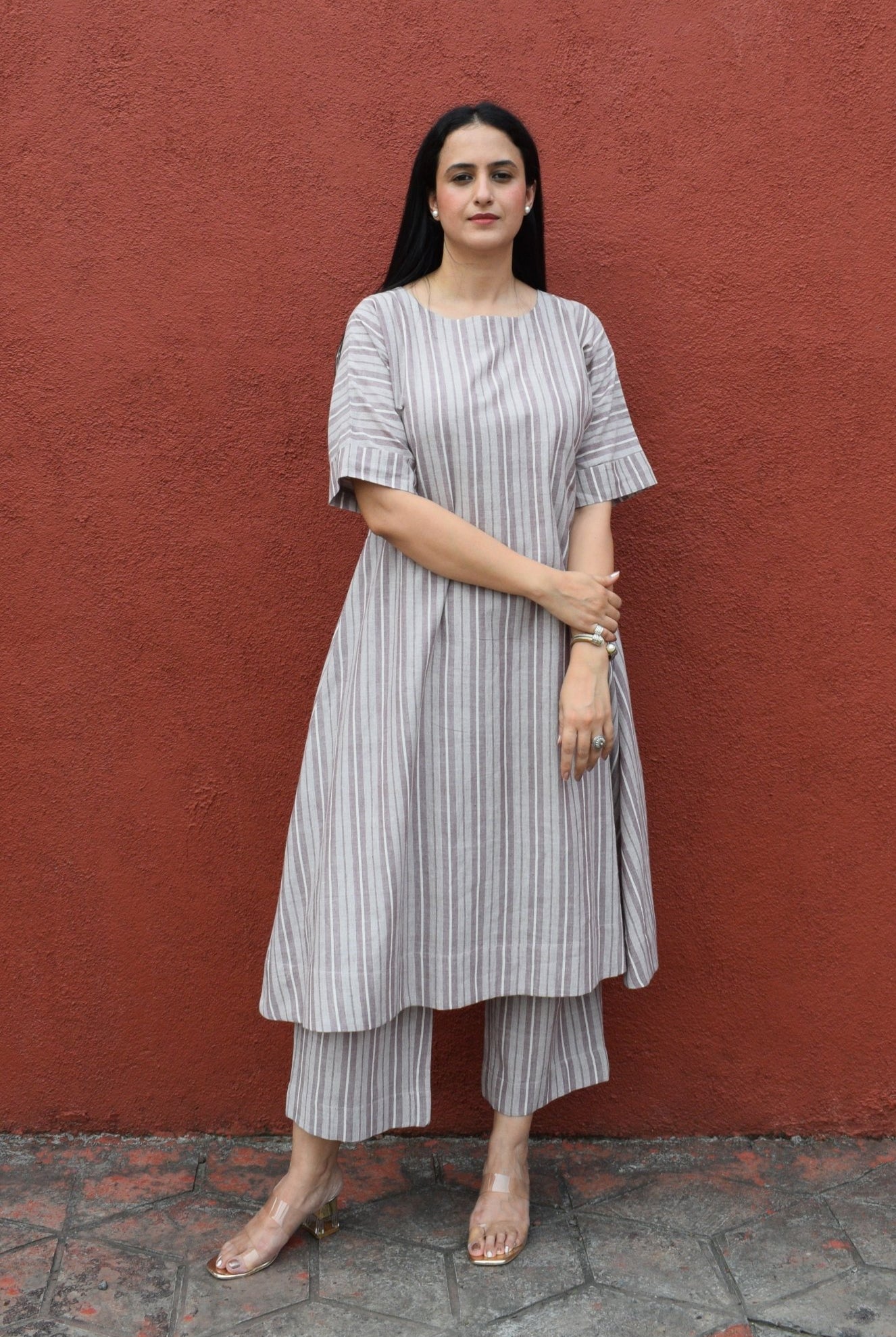 Light Brown Striped Co - Ord Set with A - Line Kurta and Pajama in Handwoven Cotton - CiceroniKurta Set, Everyday WearHouse of Moxa