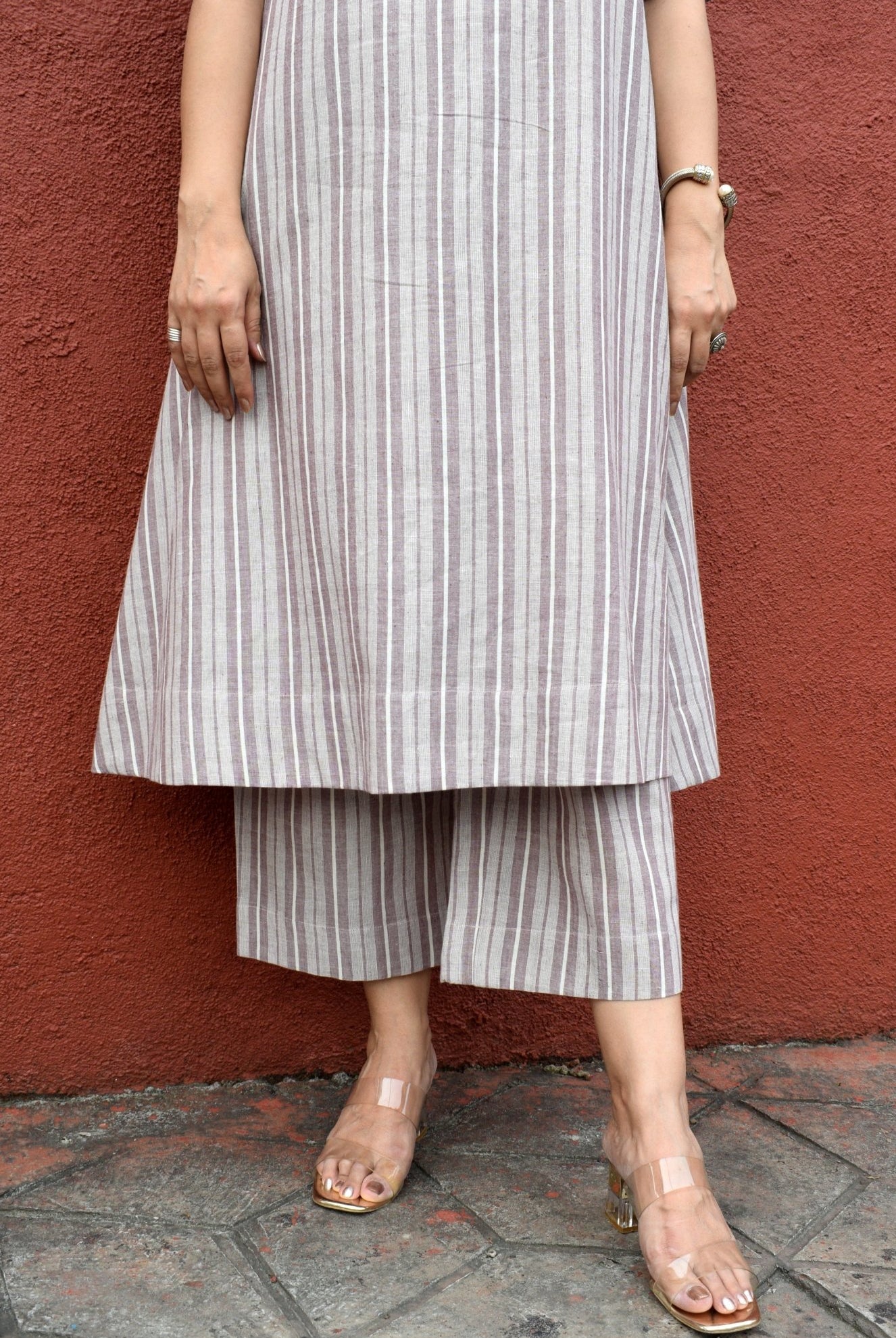 Light Brown Striped Co - Ord Set with A - Line Kurta and Pajama in Handwoven Cotton - CiceroniKurta Set, Everyday WearHouse of Moxa