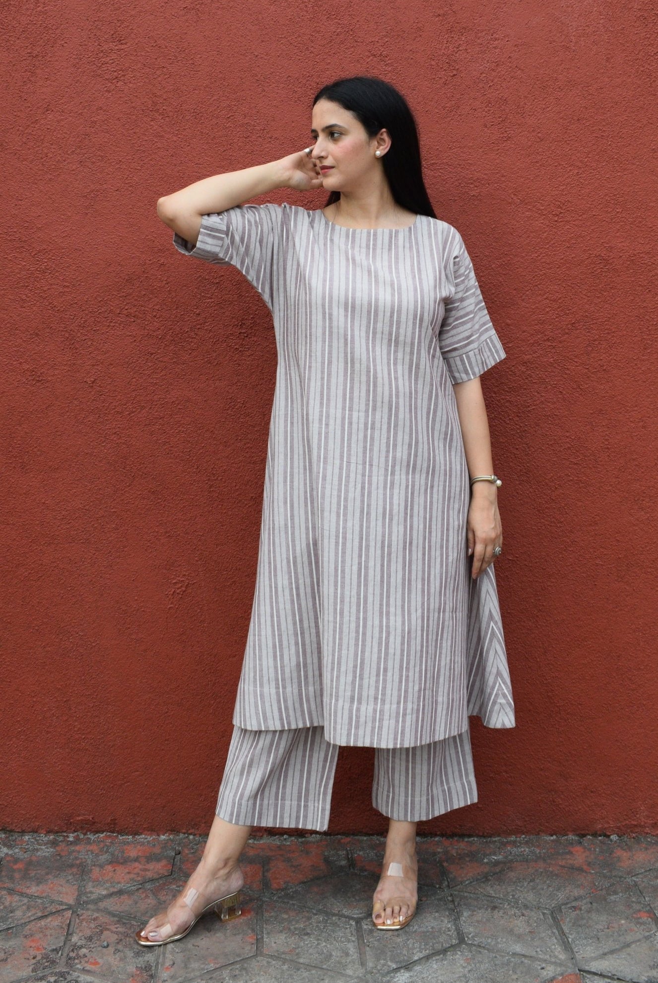 Light Brown Striped Co - Ord Set with A - Line Kurta and Pajama in Handwoven Cotton - CiceroniKurta Set, Everyday WearHouse of Moxa