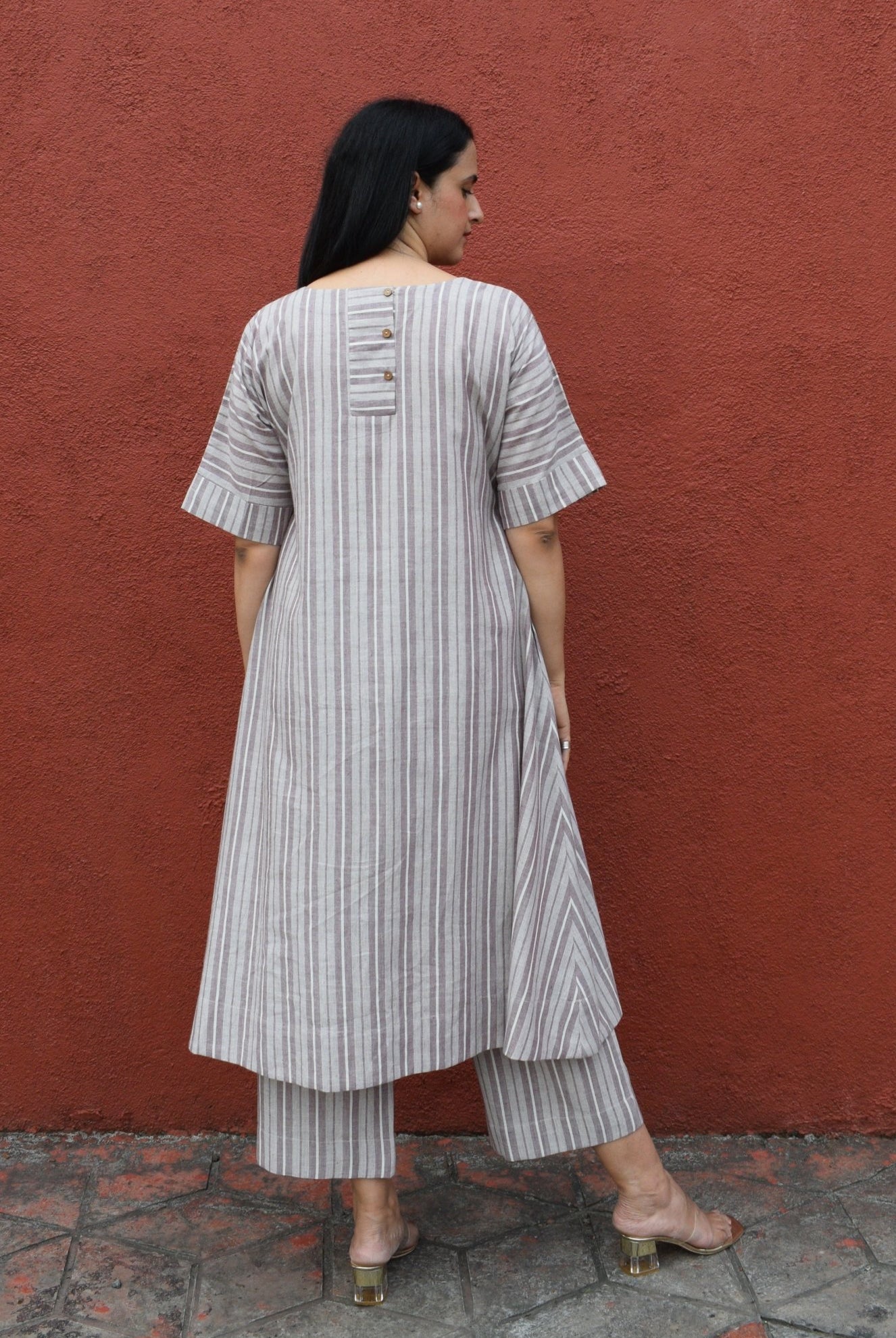 Light Brown Striped Co - Ord Set with A - Line Kurta and Pajama in Handwoven Cotton - CiceroniKurta Set, Everyday WearHouse of Moxa