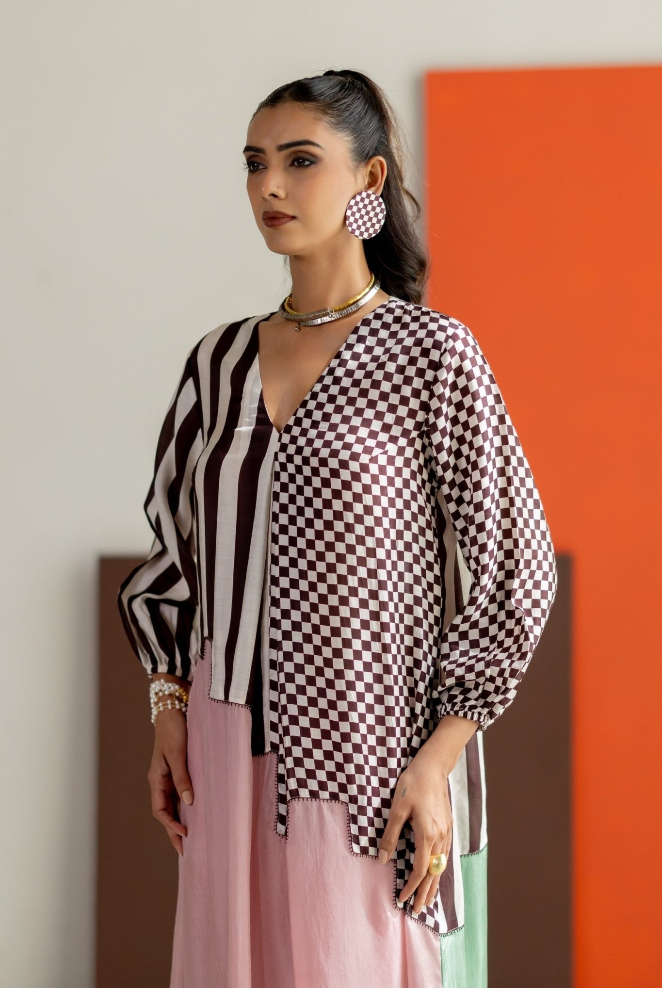 Light Pink and Sea Green Abstract Kurta Set - CiceroniKurta Set, Festive WearTussah