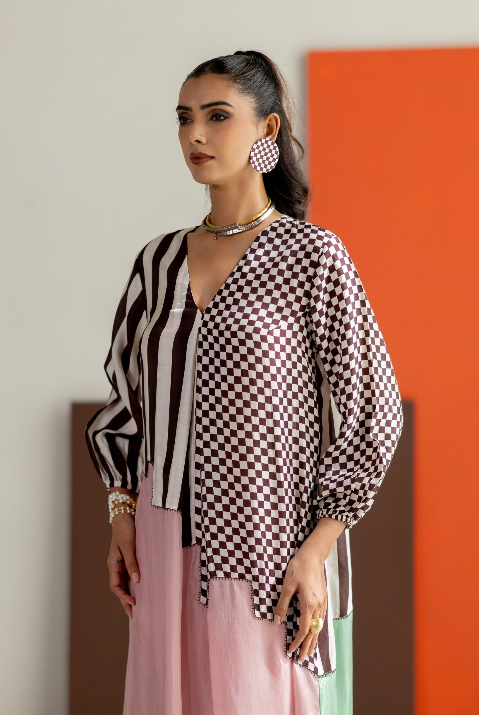 Light Pink and Sea Green Abstract Kurta Set - CiceroniKurta Set, Festive WearTussah