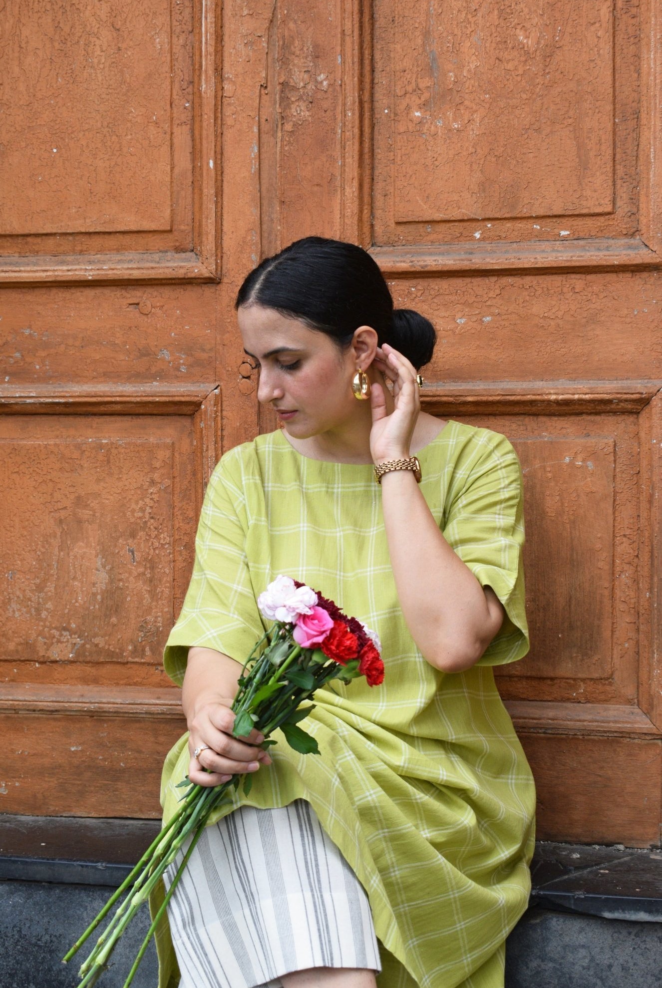 Lime Green A - Line Kurta in Handwoven Checks with Handwoven Striped Pyjama - CiceroniKurta Set, Everyday WearHouse of Moxa