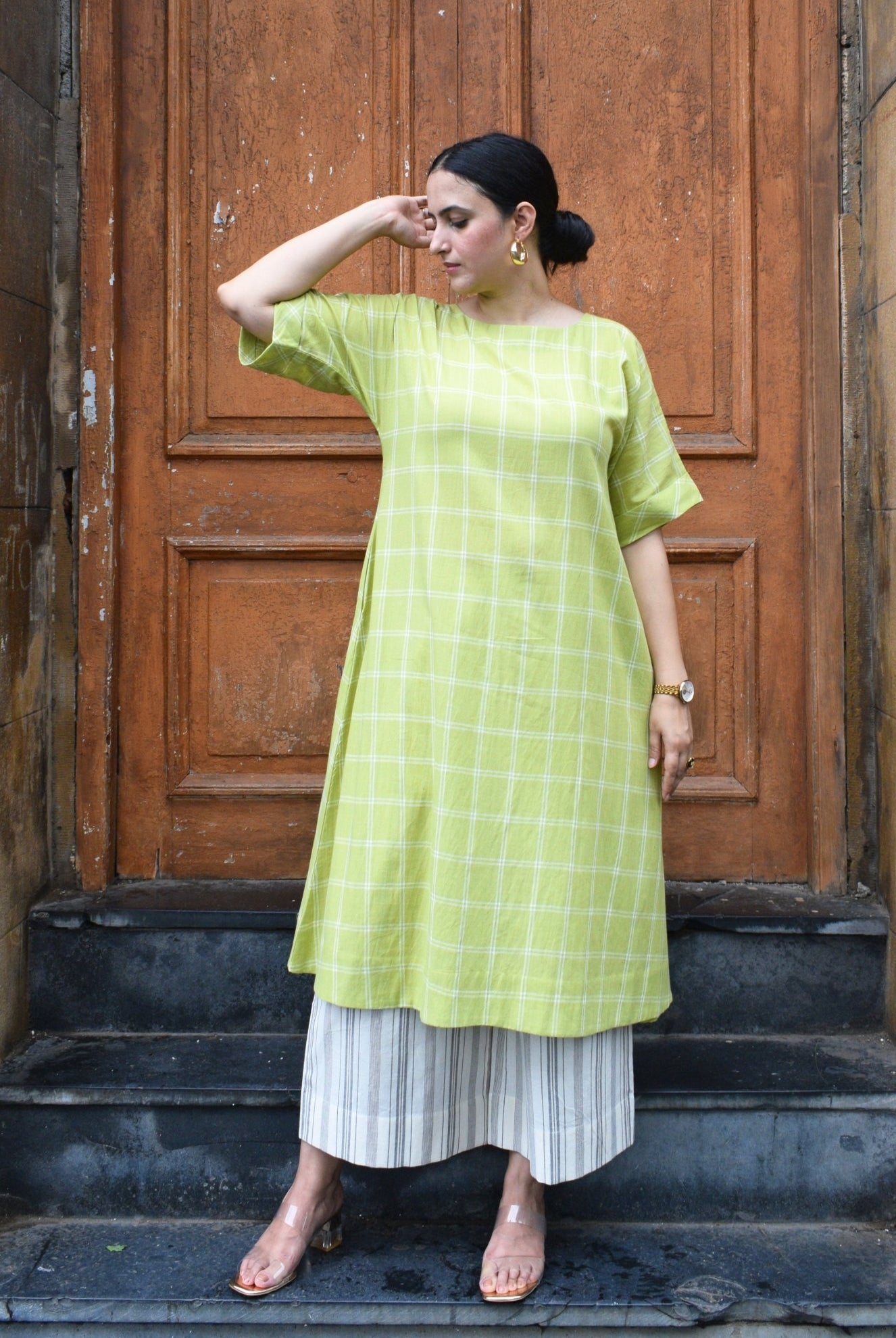 Lime Green A - Line Kurta in Handwoven Checks with Handwoven Striped Pyjama - CiceroniKurta Set, Everyday WearHouse of Moxa