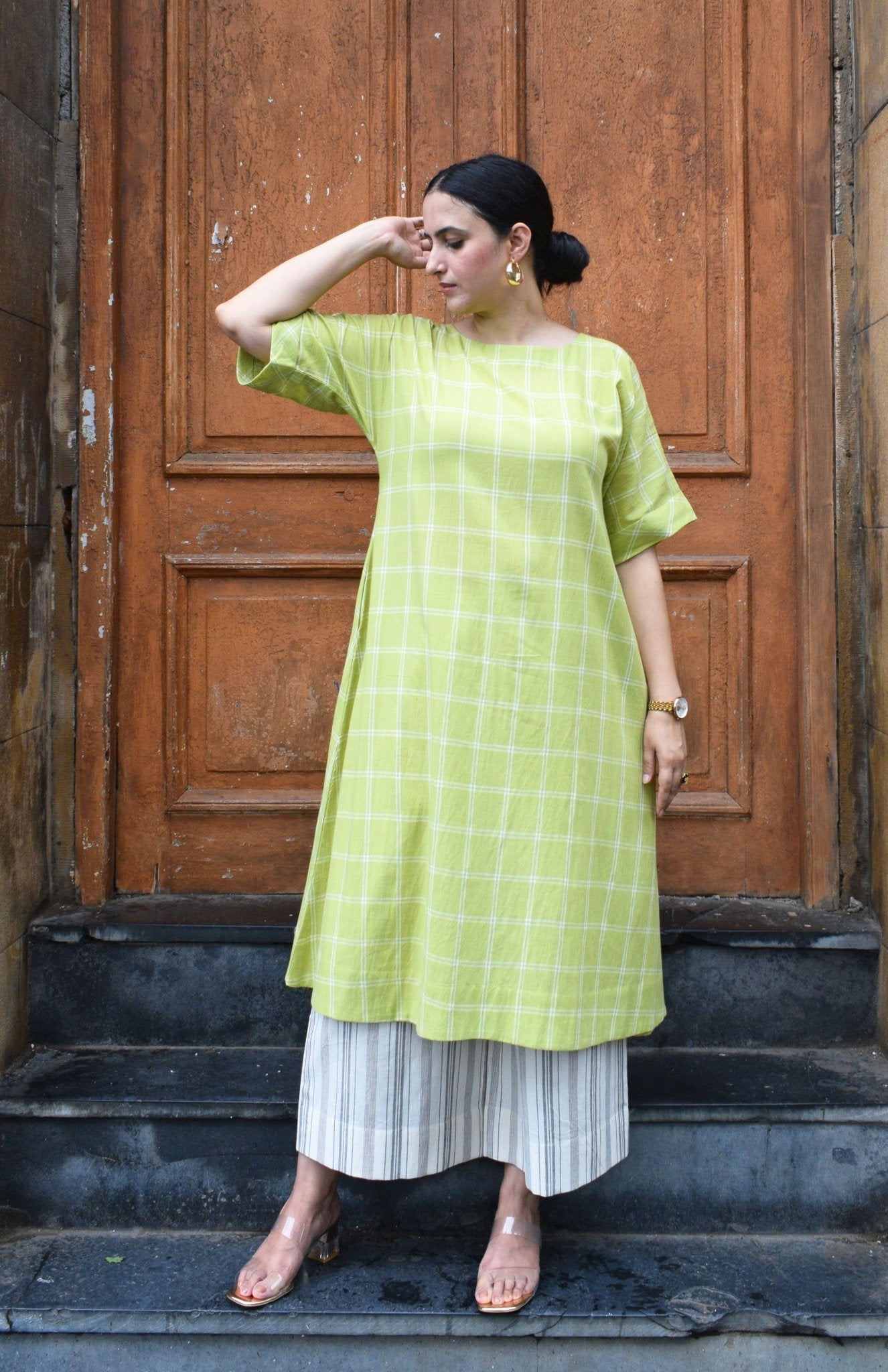 Lime Green A - Line Kurta in Handwoven Checks with Handwoven Striped Pyjama - CiceroniKurta Set, Everyday WearHouse of Moxa