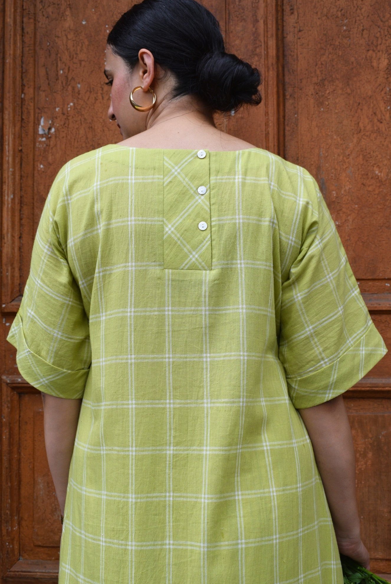 Lime Green A - Line Kurta in Handwoven Checks with Handwoven Striped Pyjama - CiceroniKurta Set, Everyday WearHouse of Moxa