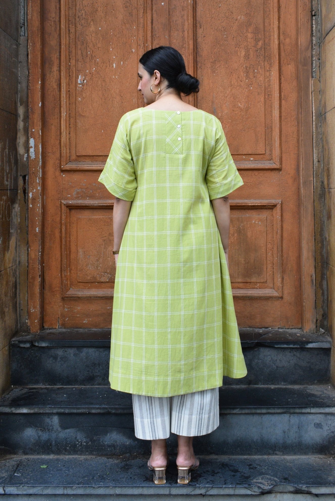 Lime Green A - Line Kurta in Handwoven Checks with Handwoven Striped Pyjama - CiceroniKurta Set, Everyday WearHouse of Moxa