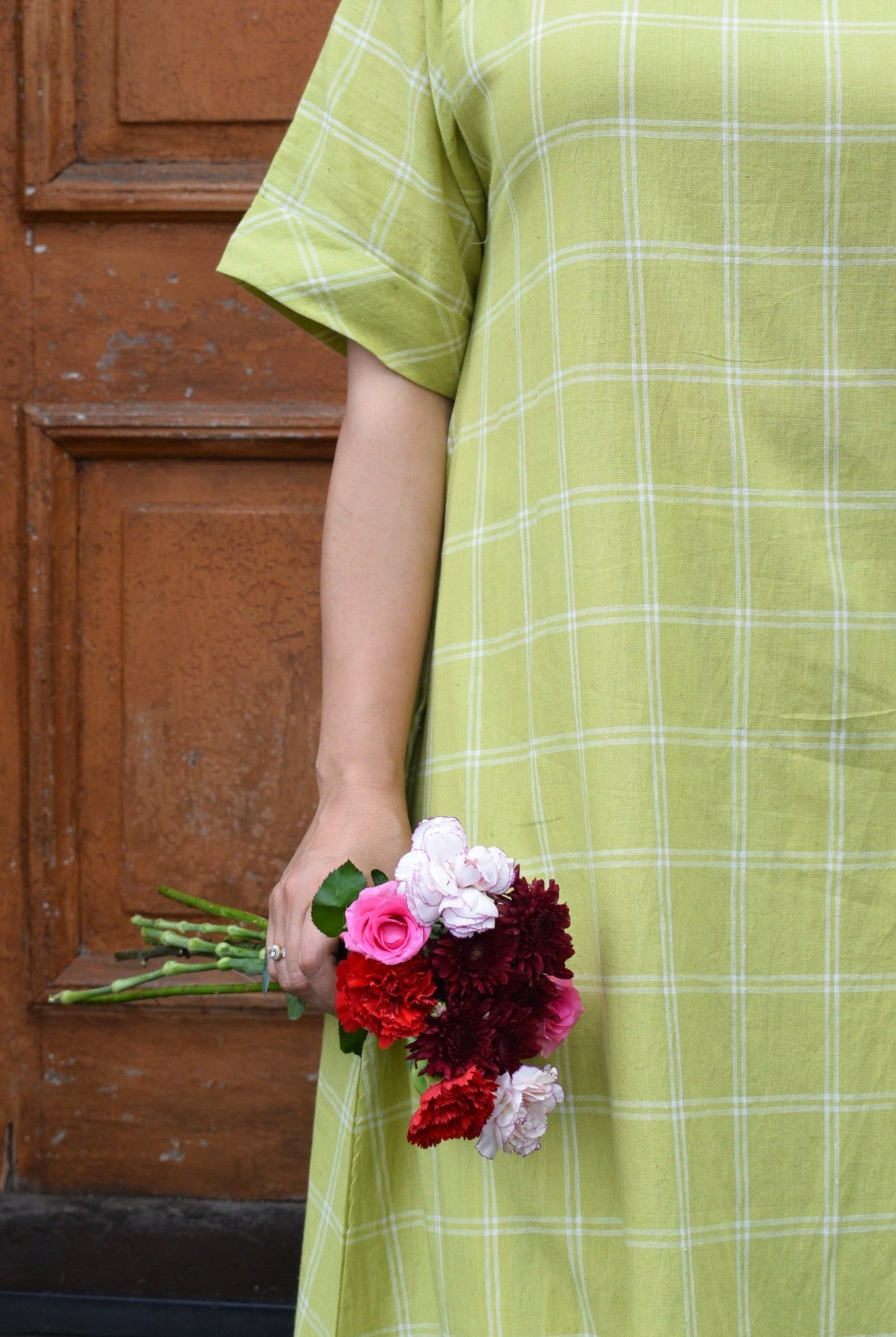 Lime Green A - Line Kurta in Handwoven Checks with Handwoven Striped Pyjama - CiceroniKurta Set, Everyday WearHouse of Moxa