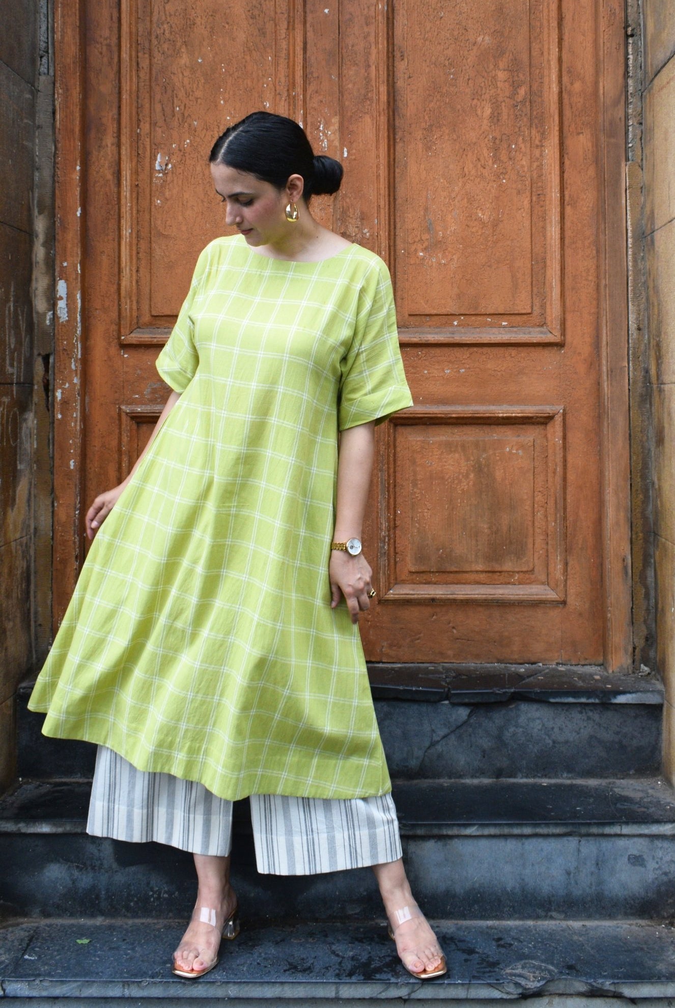 Lime Green A - Line Kurta in Handwoven Checks with Handwoven Striped Pyjama - CiceroniKurta Set, Everyday WearHouse of Moxa