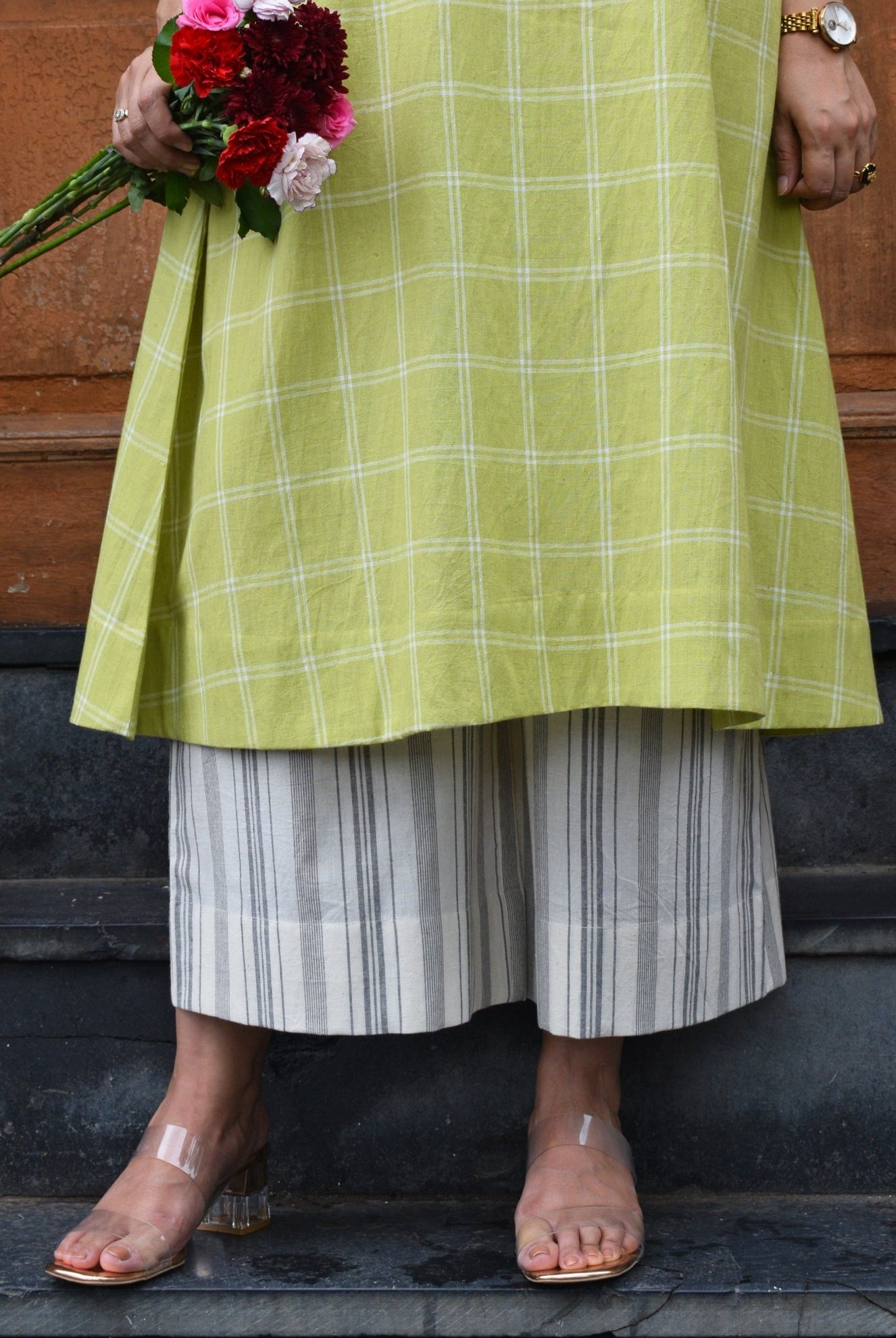 Lime Green A - Line Kurta in Handwoven Checks with Handwoven Striped Pyjama - CiceroniKurta Set, Everyday WearHouse of Moxa