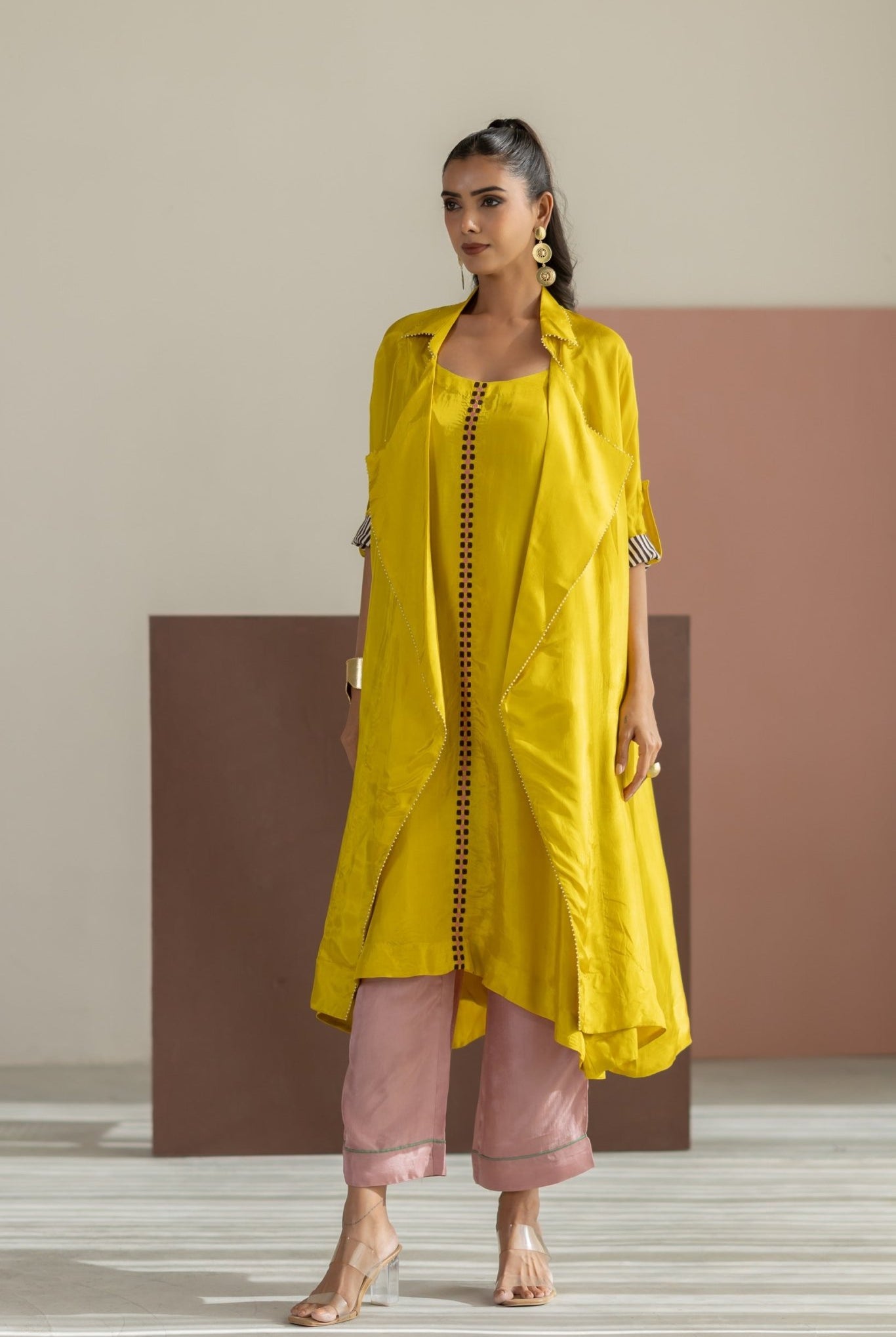 Lime Yellow Habutai Silk Jacket Set - CiceroniKurta Set, Festive WearTussah