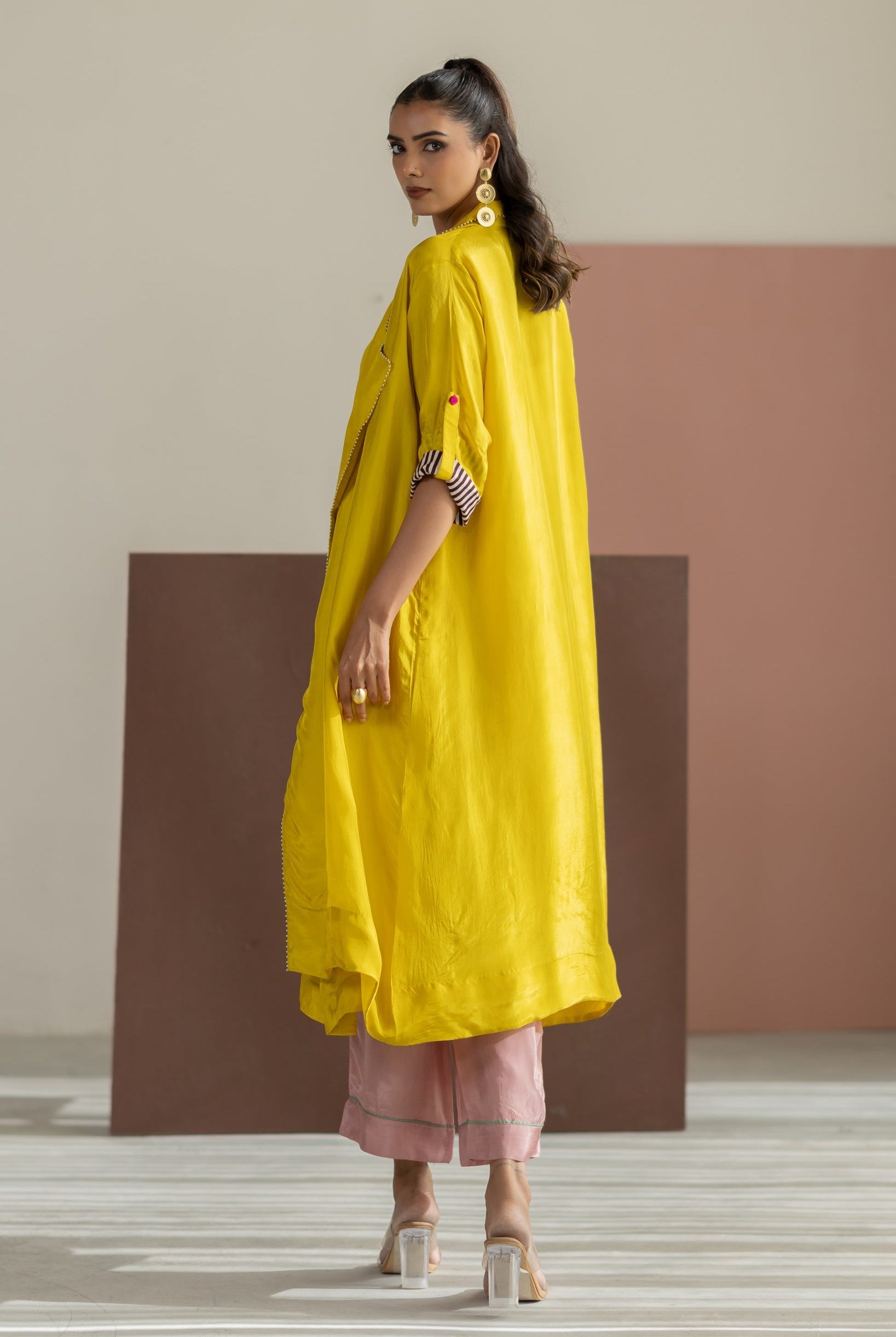 Lime Yellow Habutai Silk Jacket Set - CiceroniKurta Set, Festive WearTussah