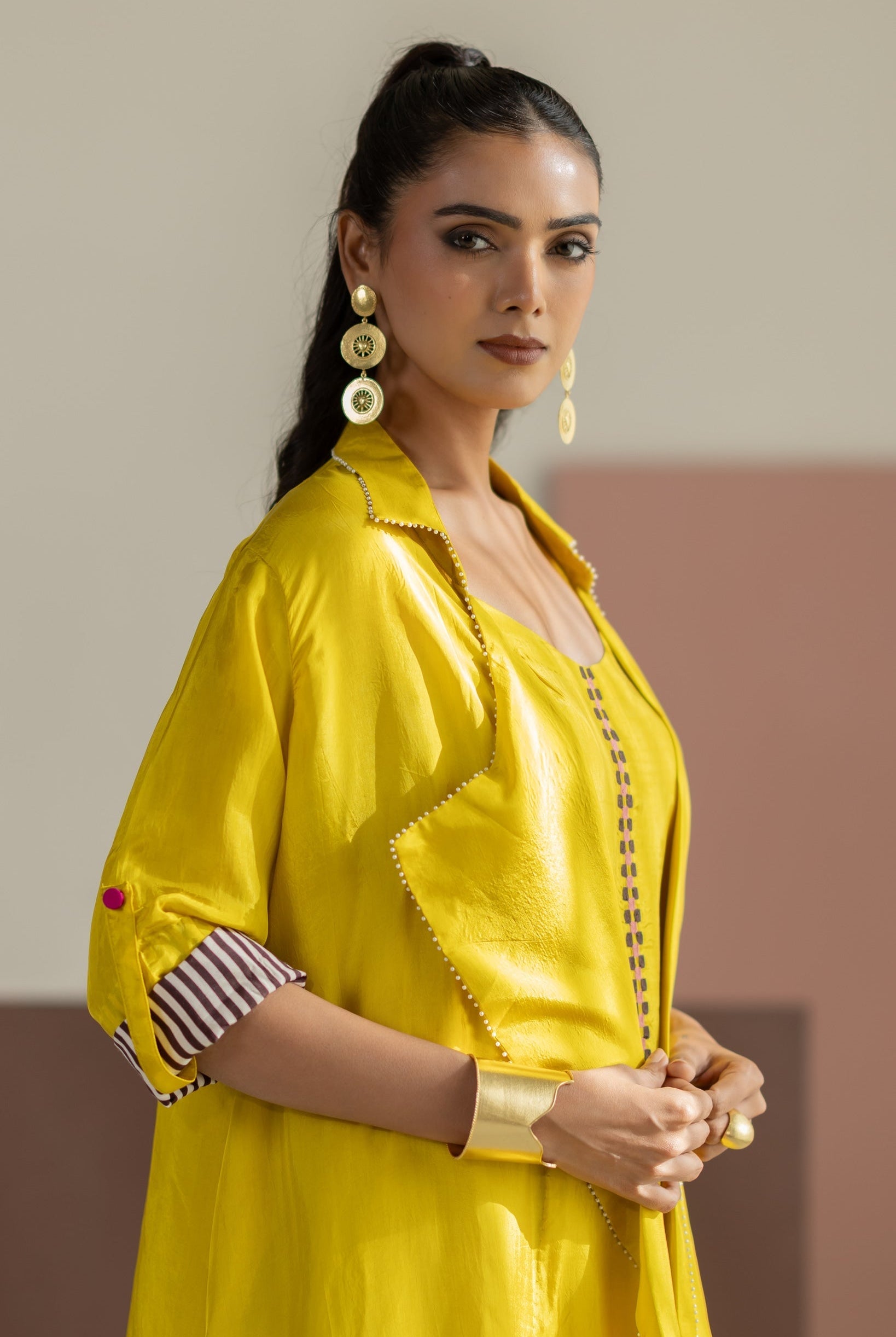 Lime Yellow Habutai Silk Jacket Set - CiceroniKurta Set, Festive WearTussah