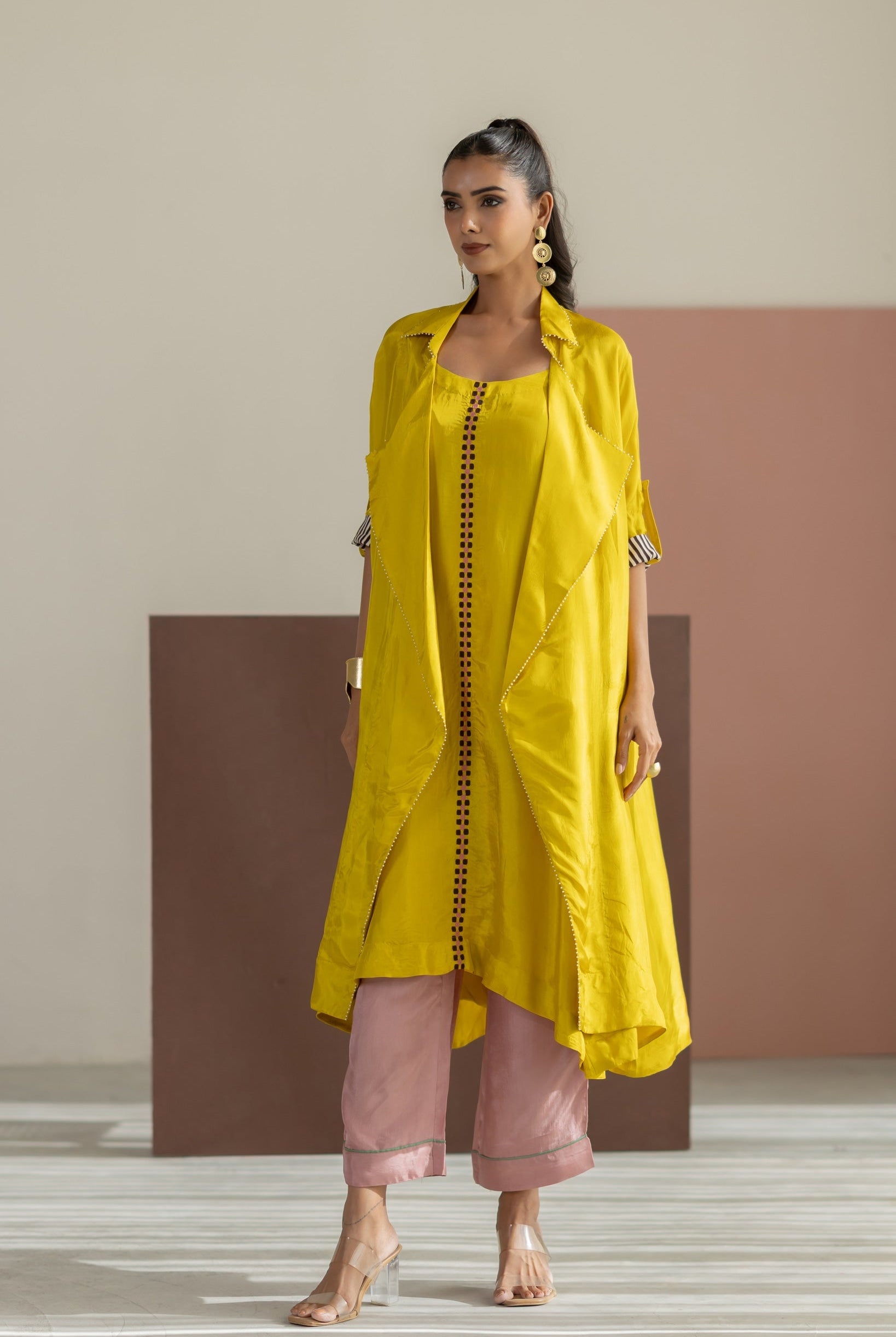 Lime Yellow Habutai Silk Jacket Set - CiceroniKurta Set, Festive WearTussah