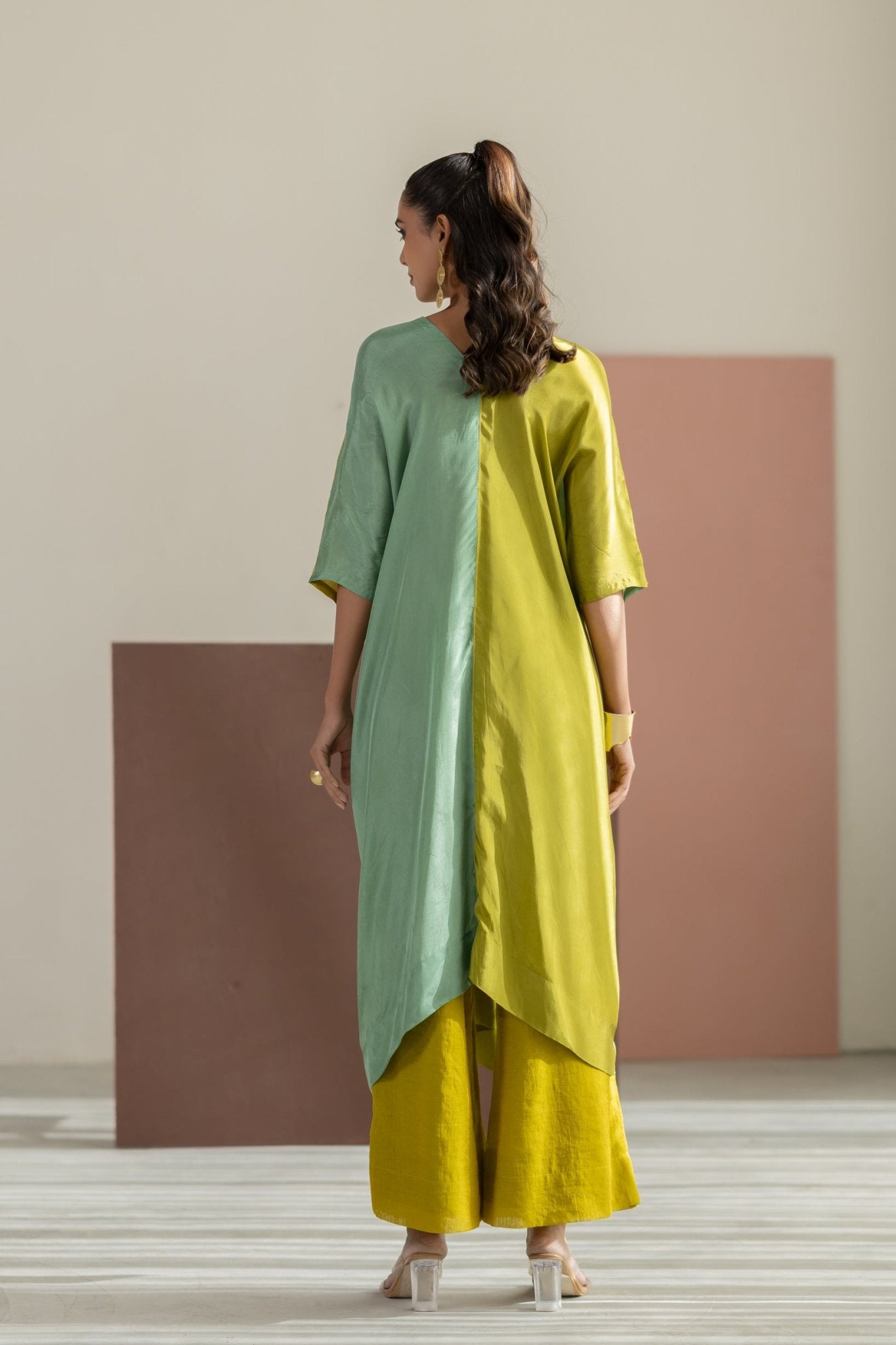 Lime Yellow & Sea Green Color Block Kaftan Set - CiceroniKurta Set, Festive WearTussah