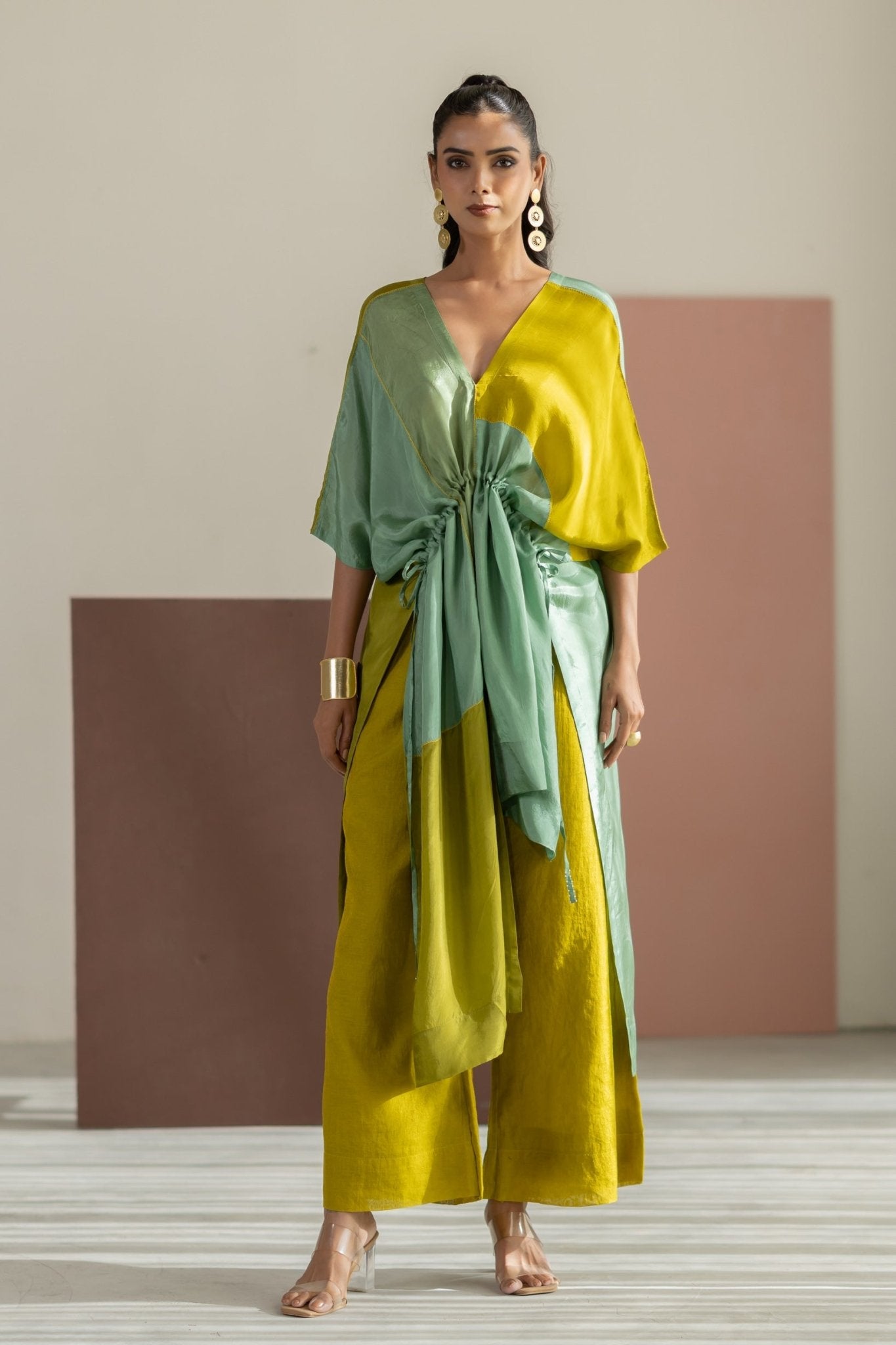 Lime Yellow & Sea Green Color Block Kaftan Set - CiceroniKurta Set, Festive WearTussah