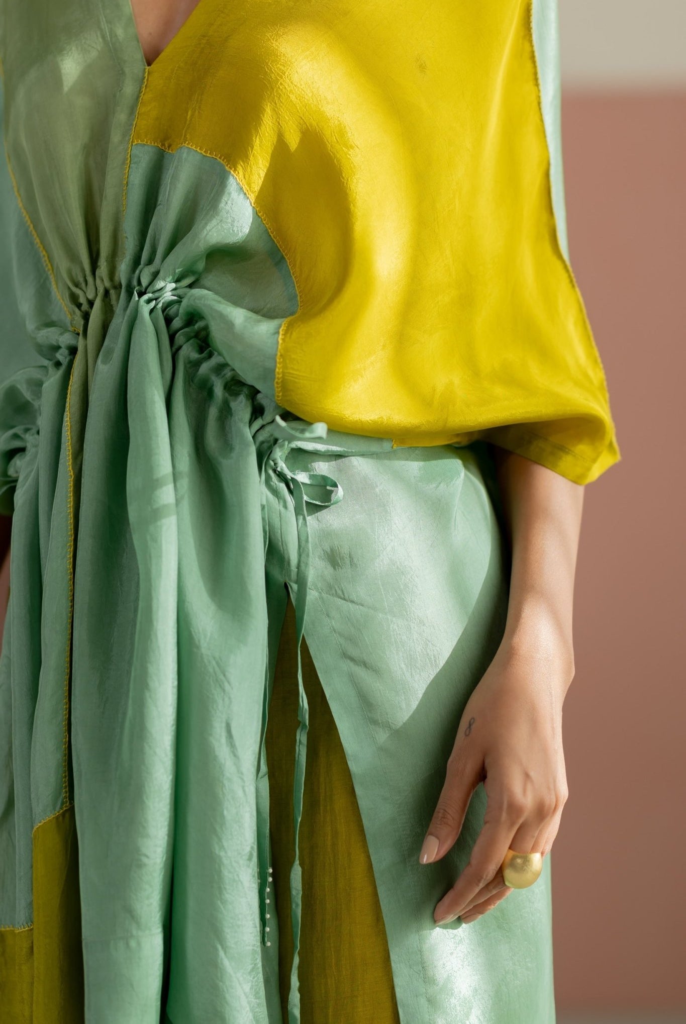 Lime Yellow & Sea Green Color Block Kaftan Set - CiceroniKurta Set, Festive WearTussah