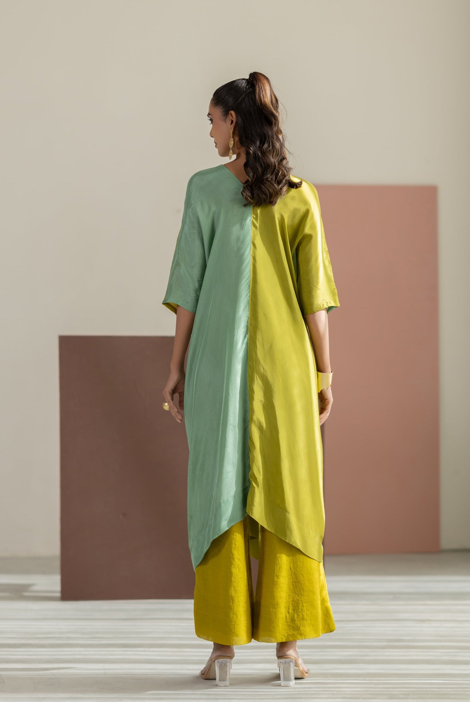 Lime Yellow & Sea Green Color Block Kaftan Set - CiceroniKurta Set, Festive WearTussah