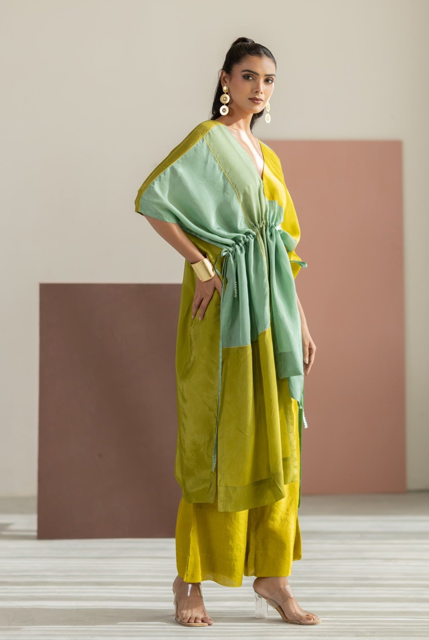 Lime Yellow & Sea Green Color Block Kaftan Set - CiceroniKurta Set, Festive WearTussah