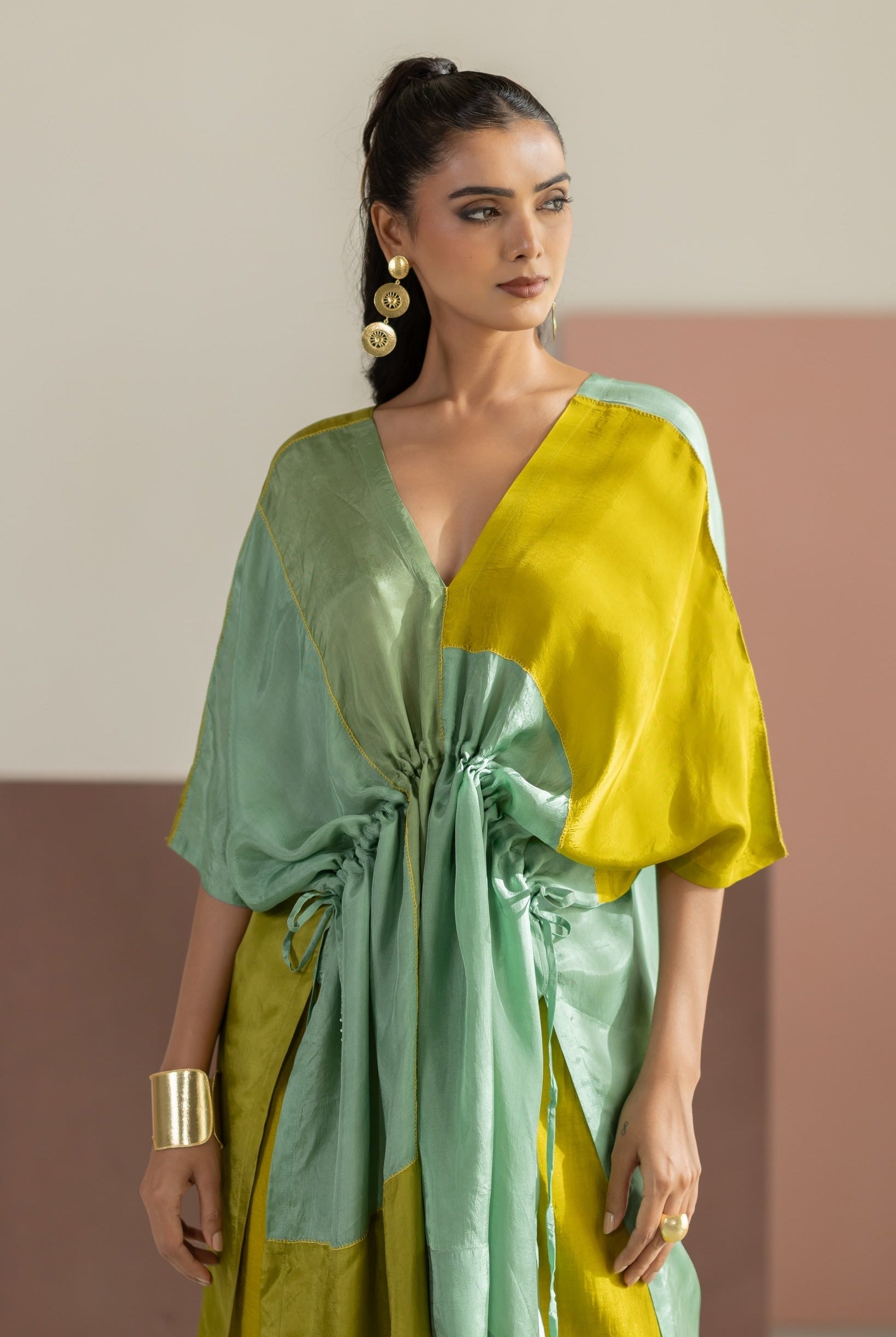 Lime Yellow & Sea Green Color Block Kaftan Set - CiceroniKurta Set, Festive WearTussah