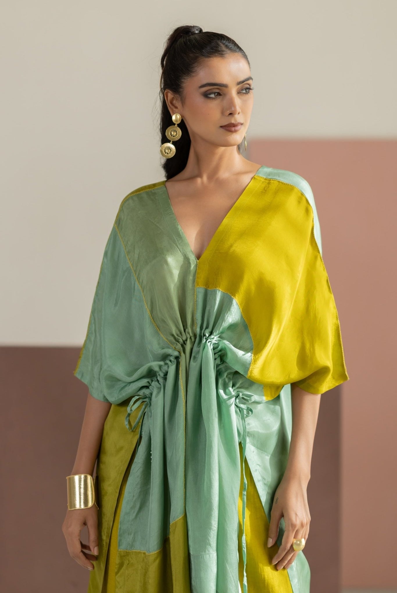 Lime Yellow & Sea Green Color Block Kaftan Set - CiceroniKurta Set, Festive WearTussah