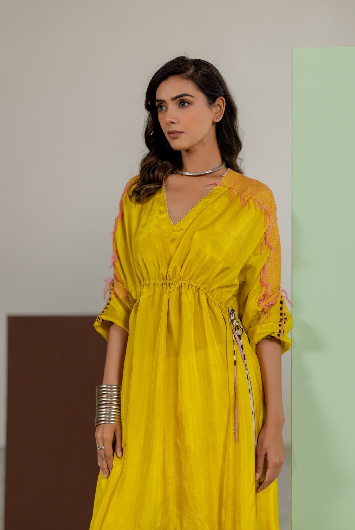 Lime Yellow Tunic Set - CiceroniKurta Set, Festive WearTussah
