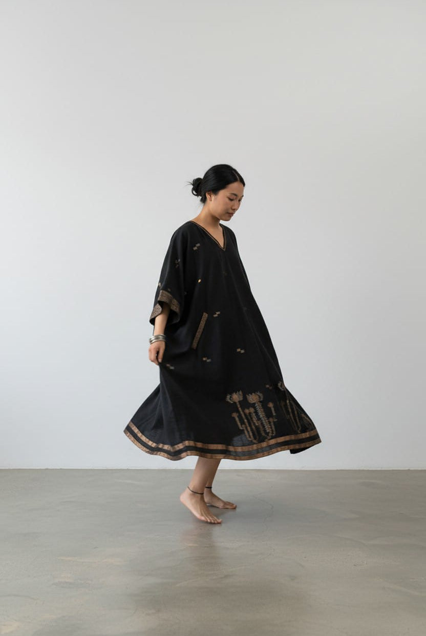 Long Zip Dress- Black Zari Lotus Jamdani - CiceroniDressesBhomra