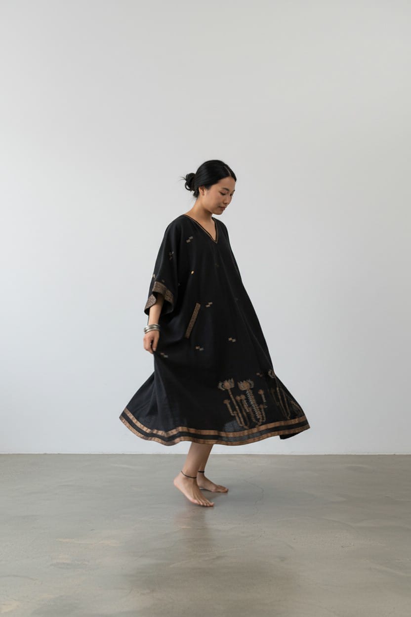 Long Zip Dress- Black Zari Lotus Jamdani - CiceroniDressesBhomra