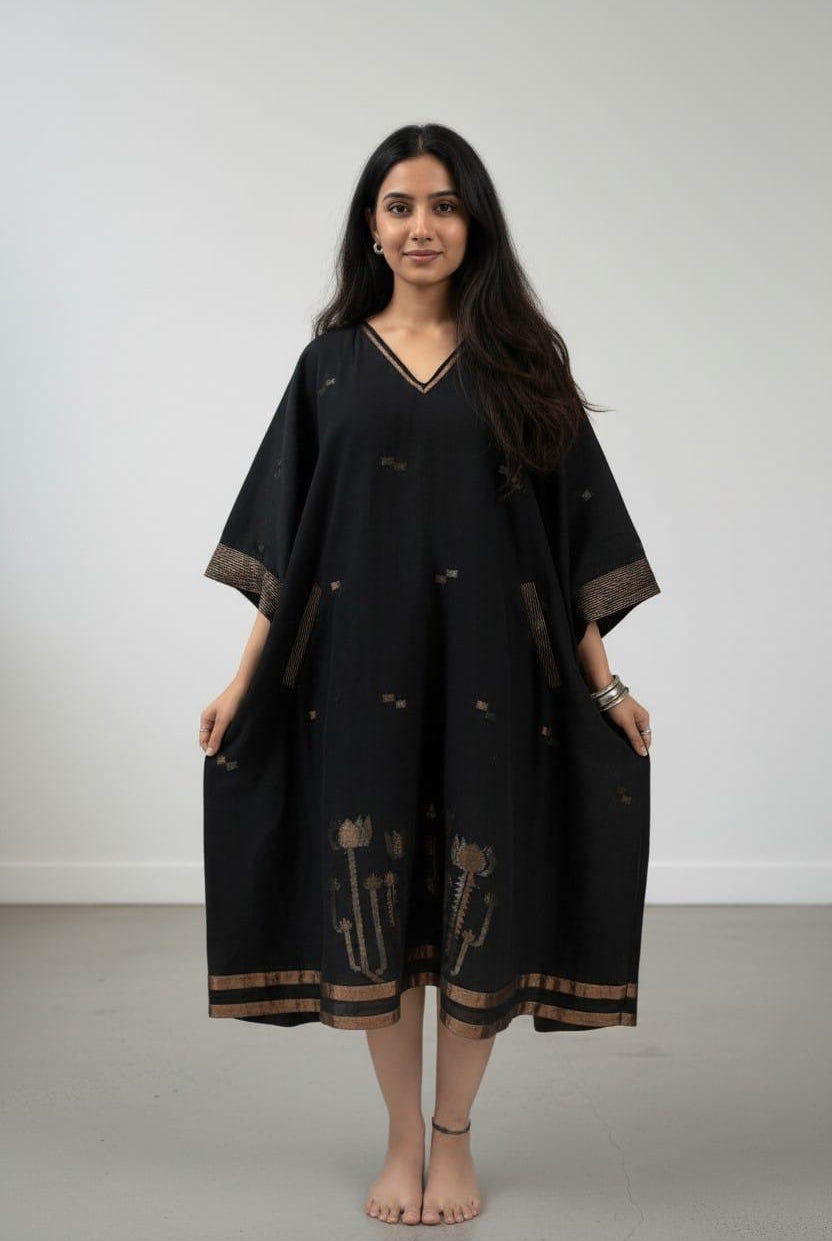 Long Zip Dress- Black Zari Lotus Jamdani - CiceroniDressesBhomra