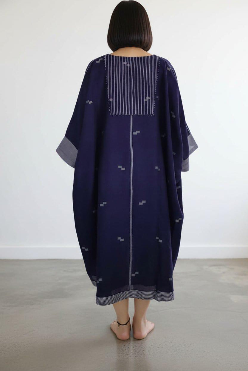 Long Zip Dress - Midnight Blue Lotus Jamdani - CiceroniDressesBhomra
