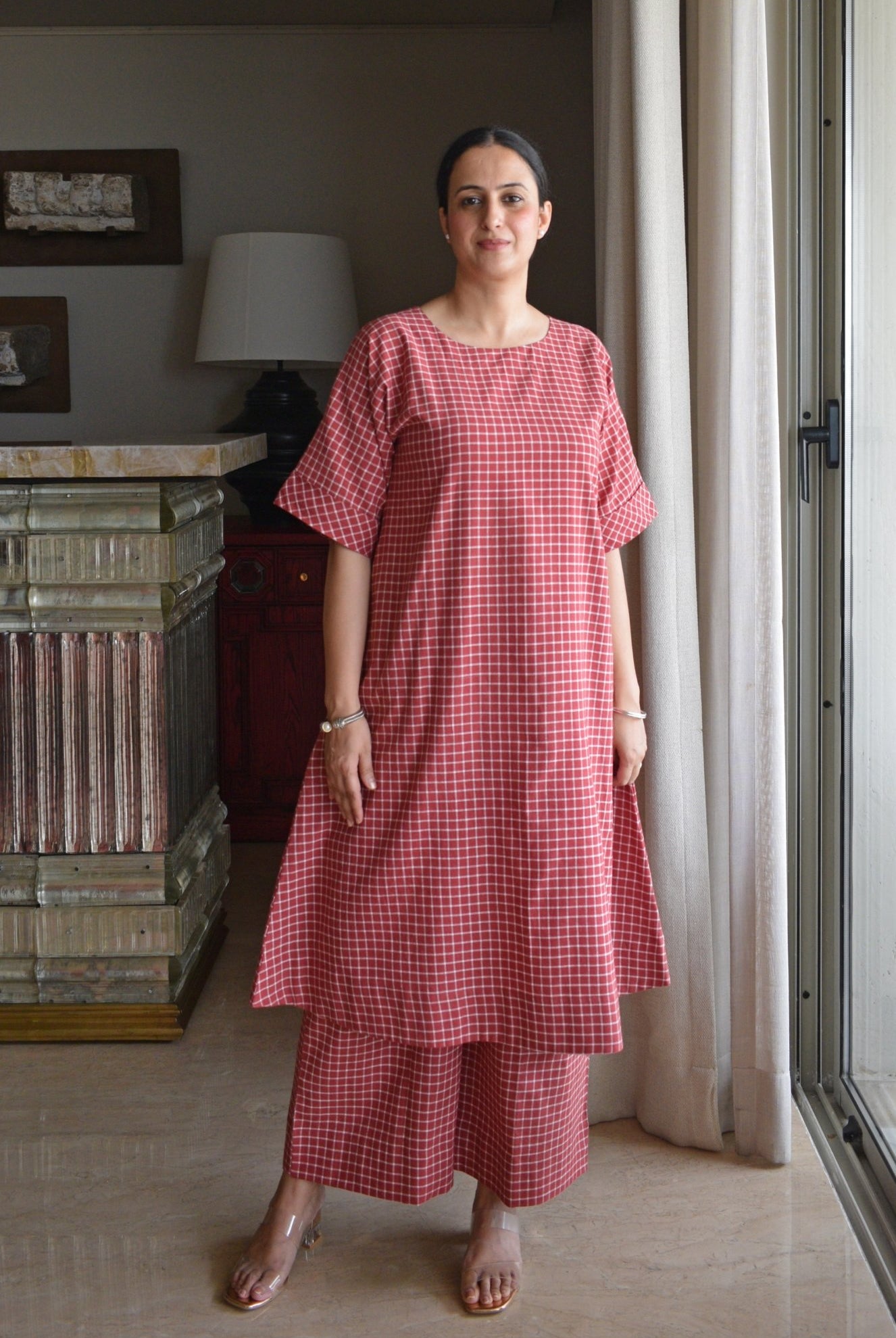 Madder Co - ord Set in Handwoven Checks - CiceroniKurta Set, Everyday WearHouse of Moxa