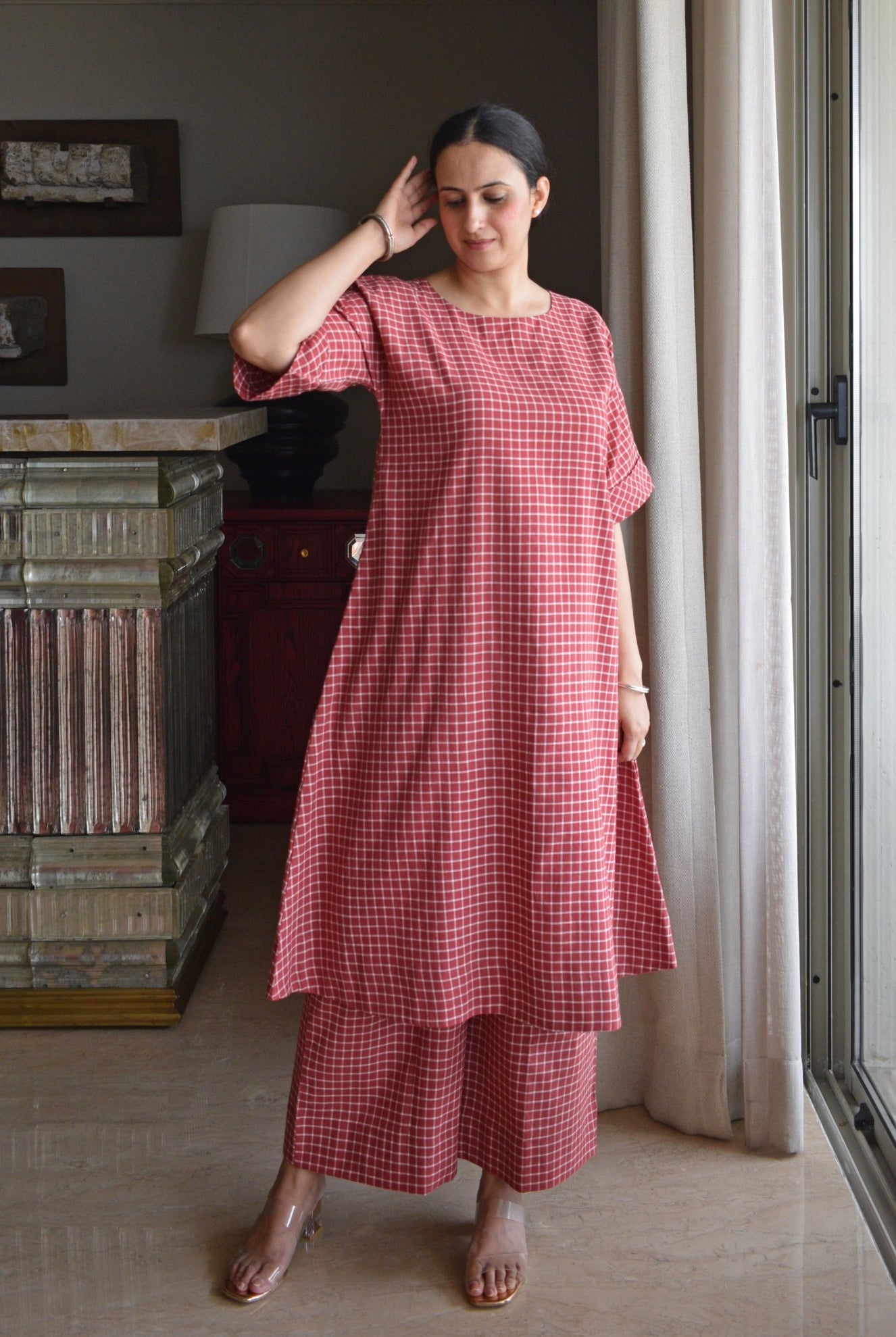 Madder Co - ord Set in Handwoven Checks - CiceroniKurta Set, Everyday WearHouse of Moxa