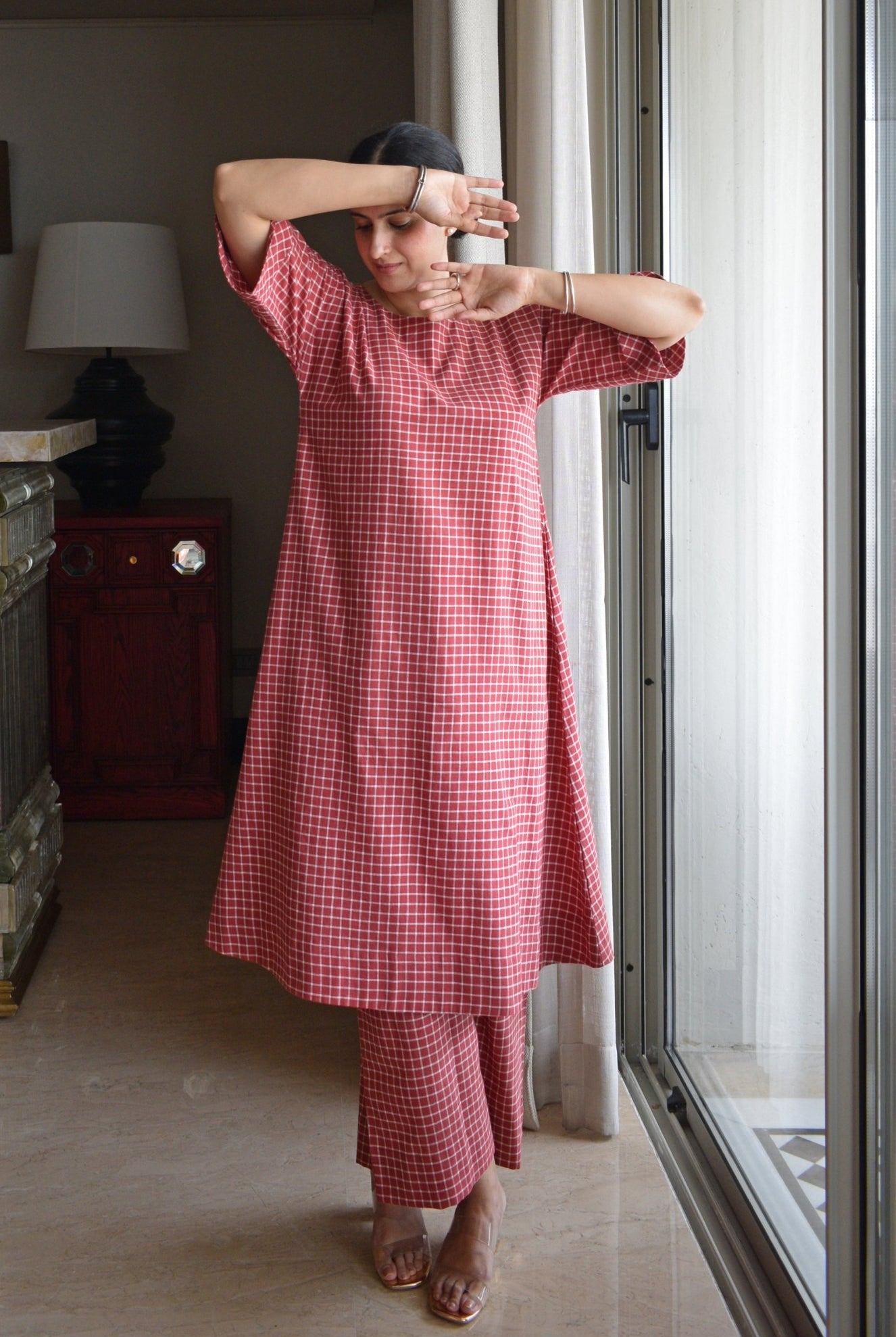 Madder Co - ord Set in Handwoven Checks - CiceroniKurta Set, Everyday WearHouse of Moxa