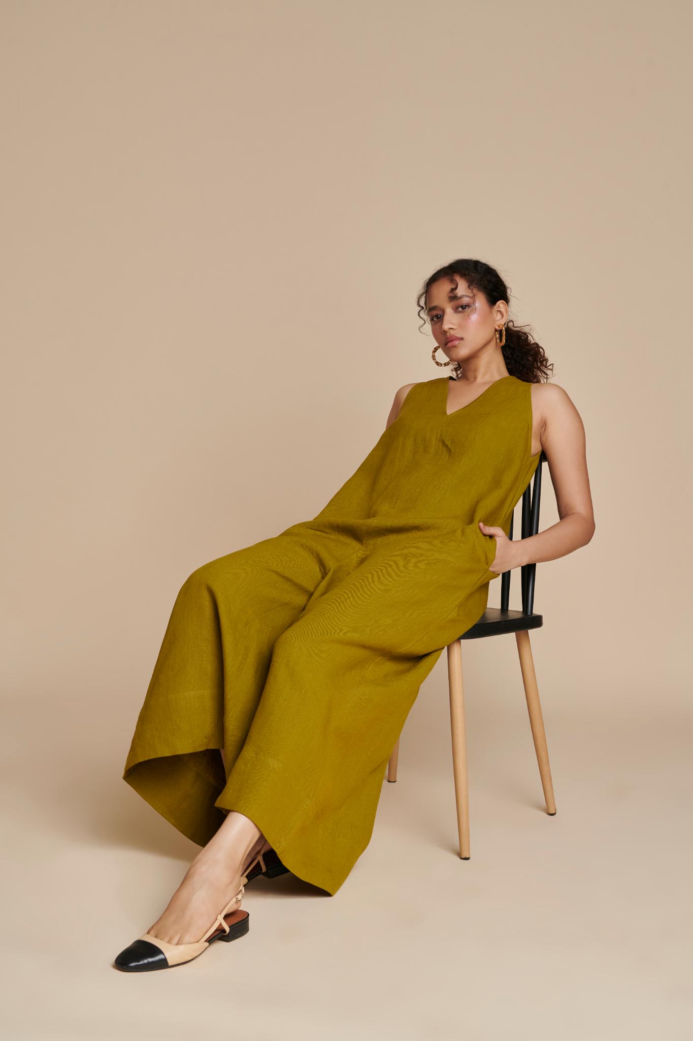 Mehendi Linen Flared Jumpsuit - CiceroniJumpsuitSaphed